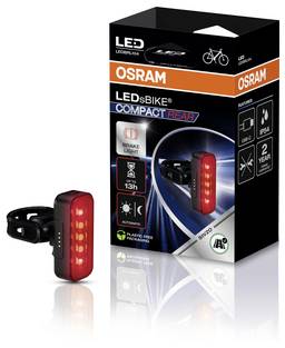 Emballage 'OSRAM LED bike compact rear light' montrant le produit et ses caractéristiques telles que 13h d'autonomie, capteurs de freinage et 5 LED.