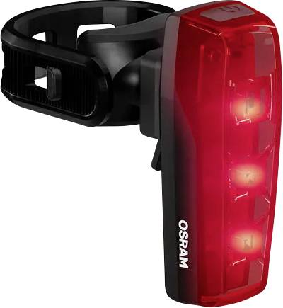 Feu arrière de vélo de marque « Osram » rouge avec trois LED, conçu pour la visibilité nocturne. Fixé à un support de sangle noire ajustable.