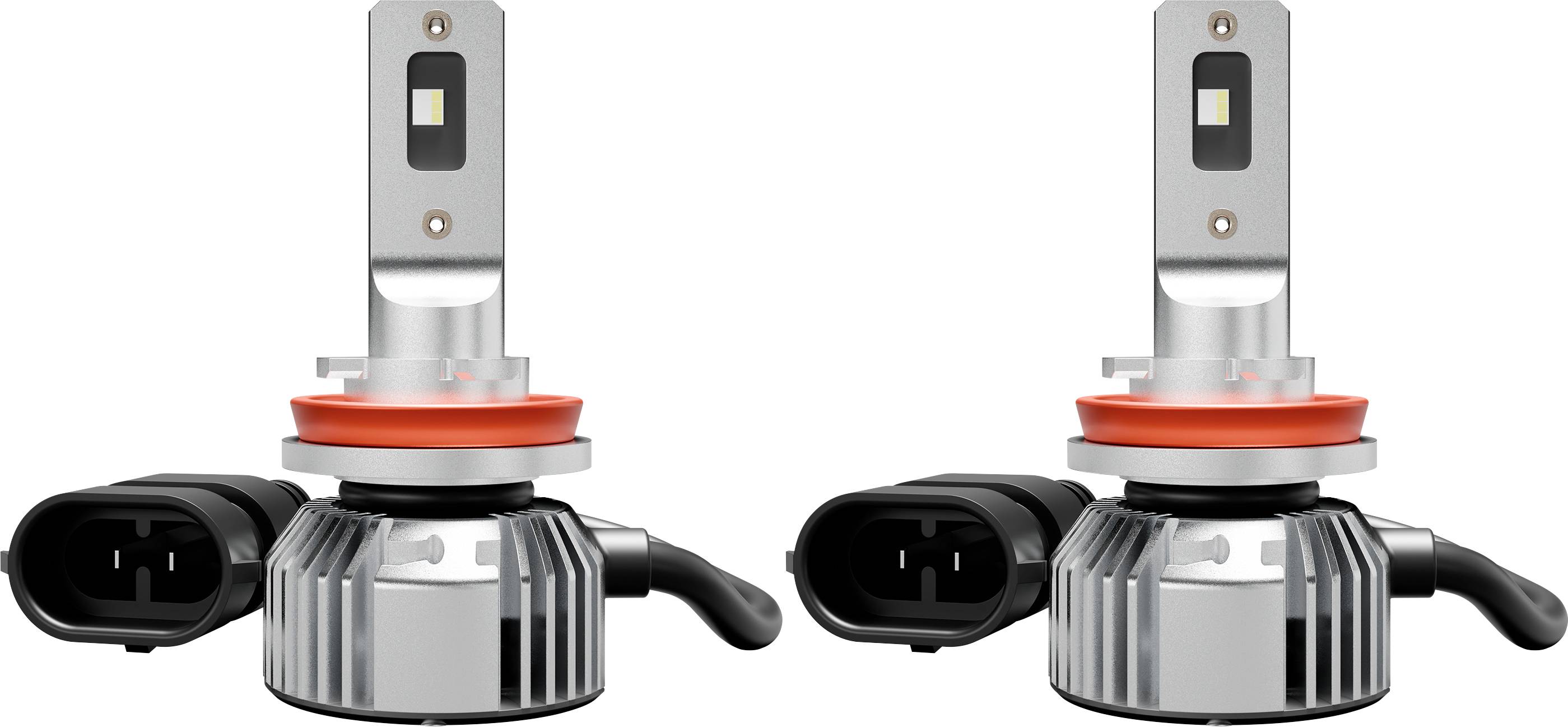 Deux ampoules de phare LED avec des bases métalliques et des connecteurs noirs, positionnées côte à côte.