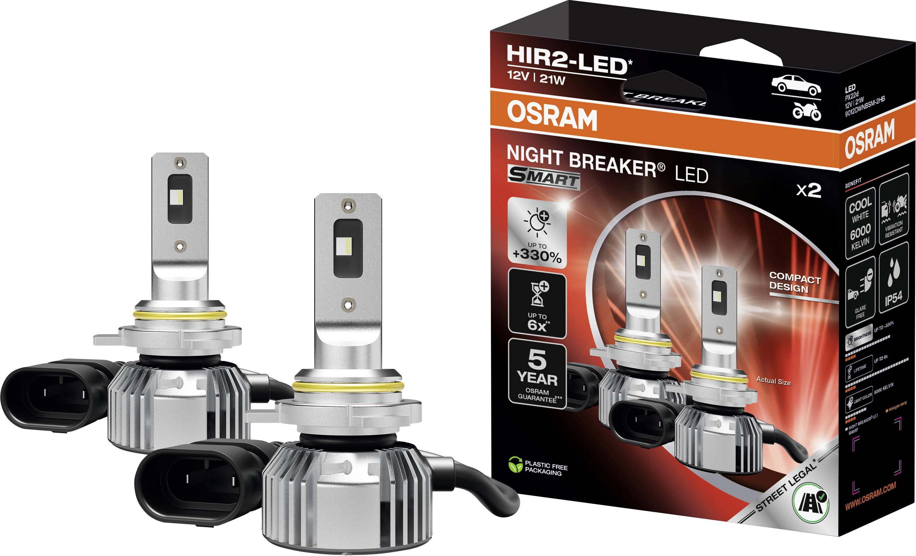 Phares LED OSRAM Night Breaker avec garantie de 5 ans, design compact et 330 % plus de luminosité, présentés avec emballage.