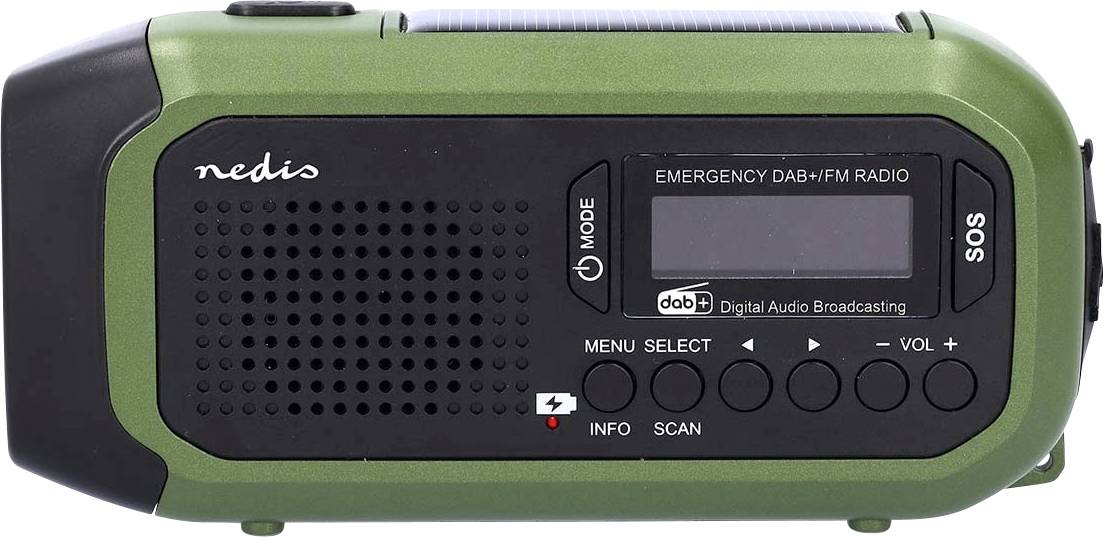 Green emergency DAB/FM radio with a digital display, solar panel on top, buttons for menu, volume, and scan, plus an 'SOS' button.