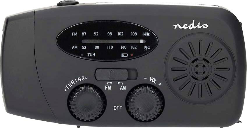 A black portable radio with FM/AM tuning and volume knobs, a built-in speaker, and a digital frequency display. Brand is Nedis.