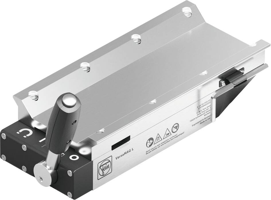 'Wepmag L' mechanical tool with a black handle, featuring control markings; silver rectangular base; industrial usage indicated by safety icons.