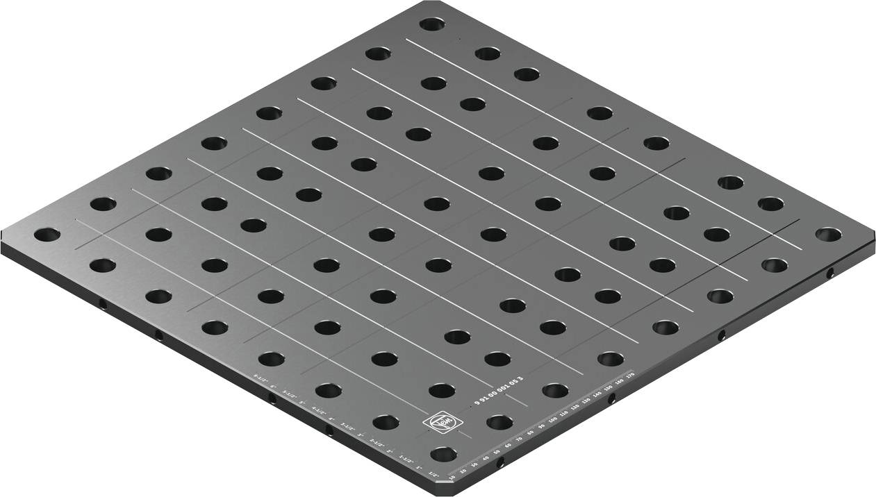 A black square platform with evenly spaced holes in a grid pattern, designed for mounting or securing equipment.