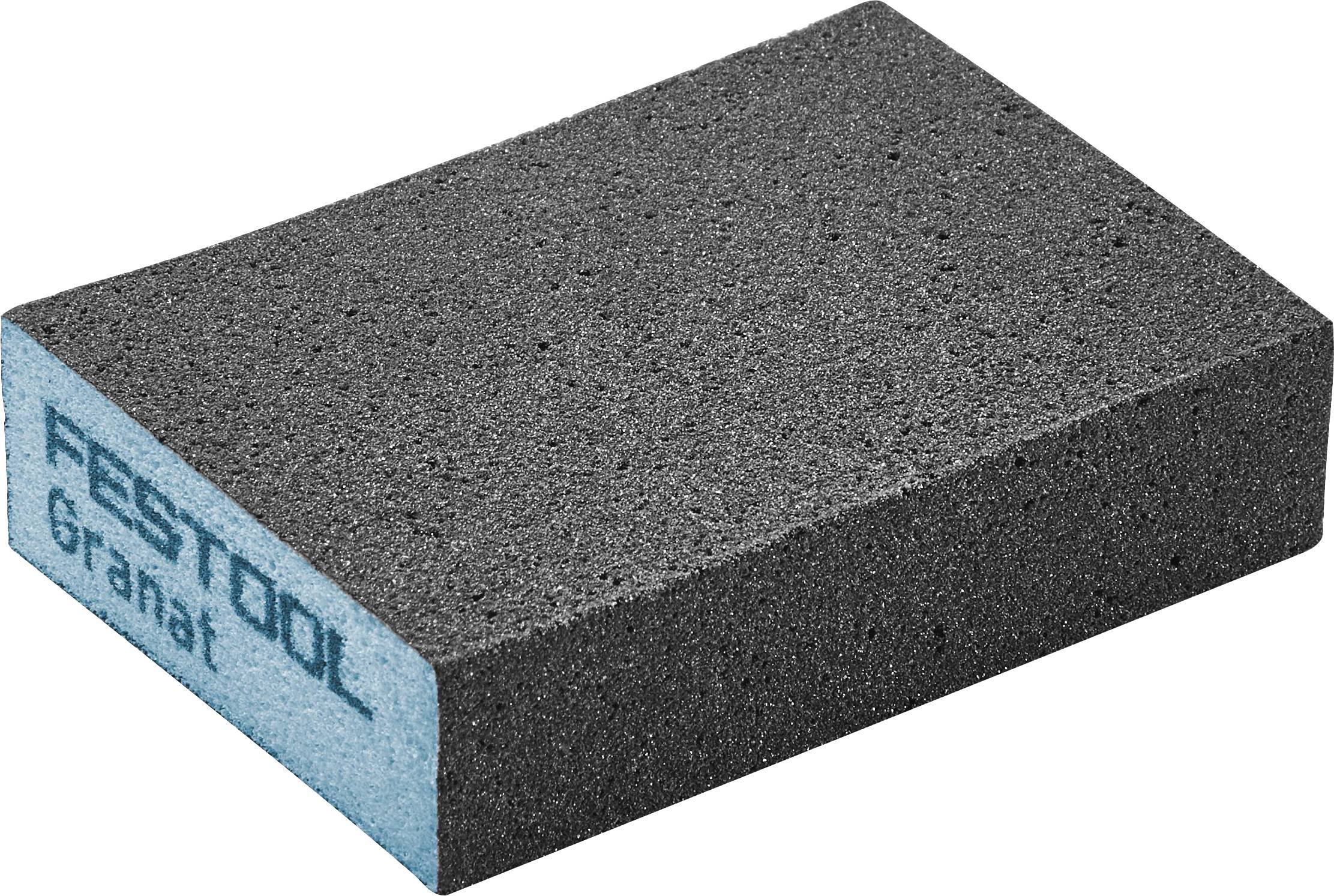 Rechteckiger schwarzer Schleiferschwamm mit blauer Seitenkante, gekennzeichnet mit „Festool 67 anat.