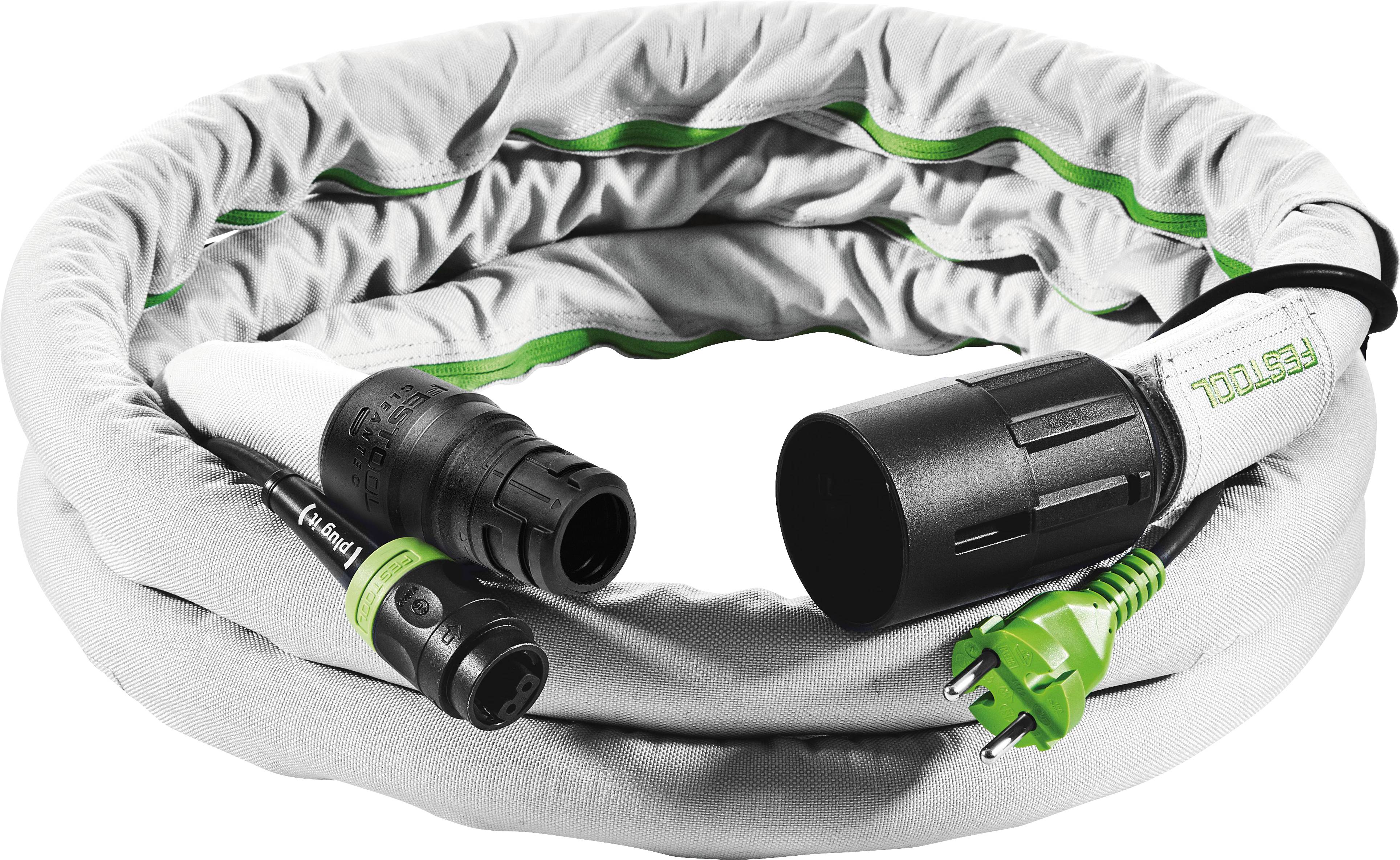 Ein aufgerollter Festool-Schlauch mit grünen und schwarzen Anschlüssen, entwickelt zum Verbinden von Elektrowerkzeugen und Staubsammlern, um Staub an Arbeitsplätzen zu reduzieren.
