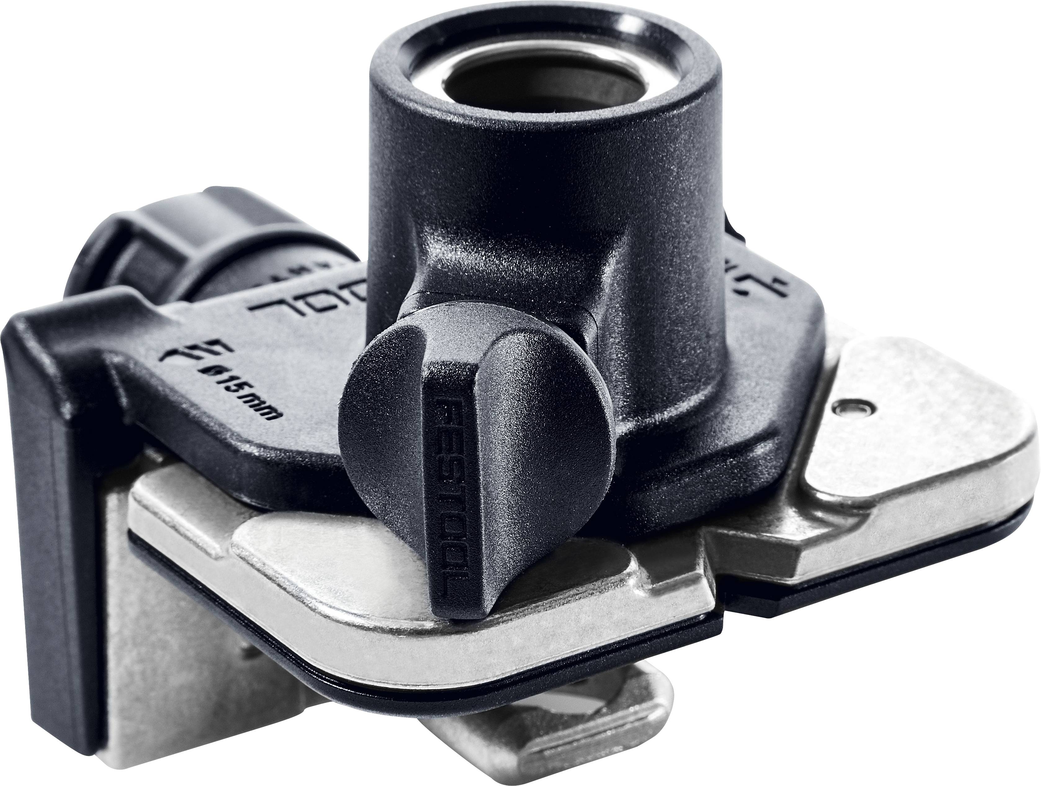 Ein schwarzes und silbernes Festool-Tiefenbegrenzer-Zubehör mit 15 mm, entworfen für präzise Anpassungen der Bohrtiefe, in einer Nahaufnahme dargestellt.