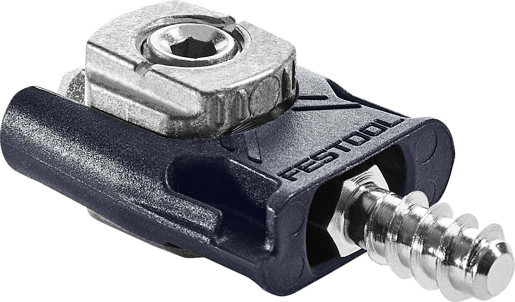 Eine Nahaufnahme eines Festool-Verbindungsstücks, das eine metallische Schraubenbefestigung und ein schwarzes Kunststoffgehäuse mit dem Markennamen 