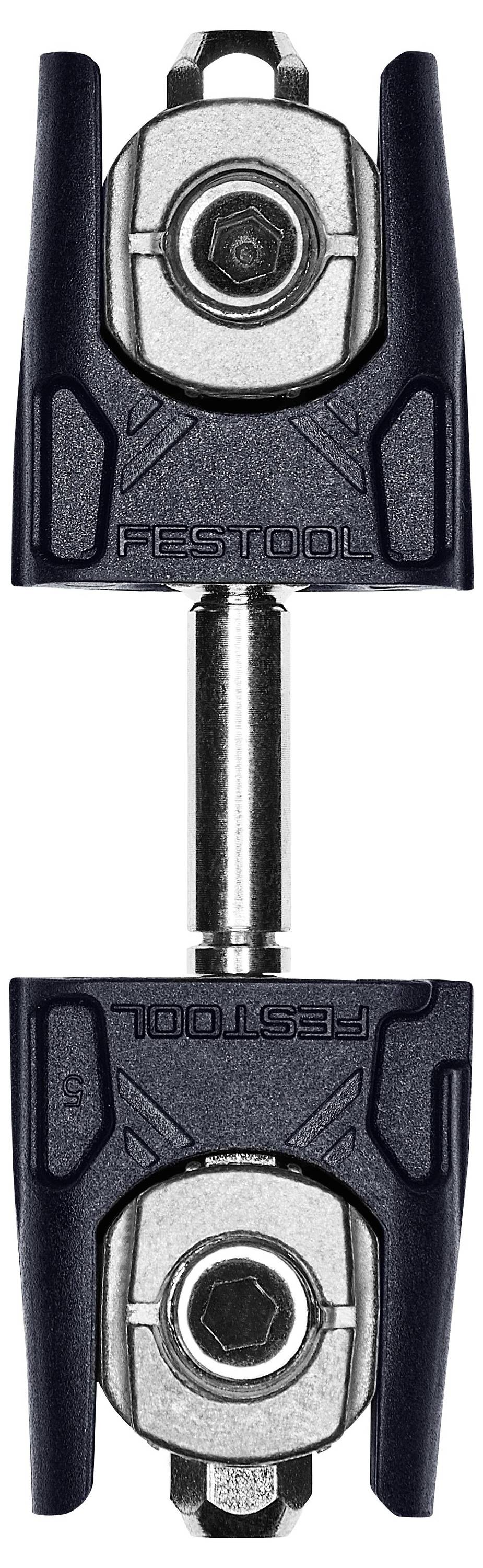 Une pièce de connecteur Festool noire et argentée, vue sous deux angles, utilisée pour joindre des composants dans des outils ou des machines.