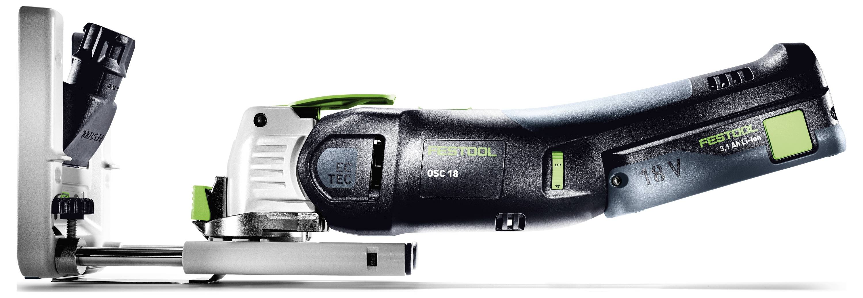 Un outil de coupe alimenté par batterie Festool DSC 18V Li EB-Plus, présenté de côté, mettant en évidence son design épuré et son extraction de poussière détachable.