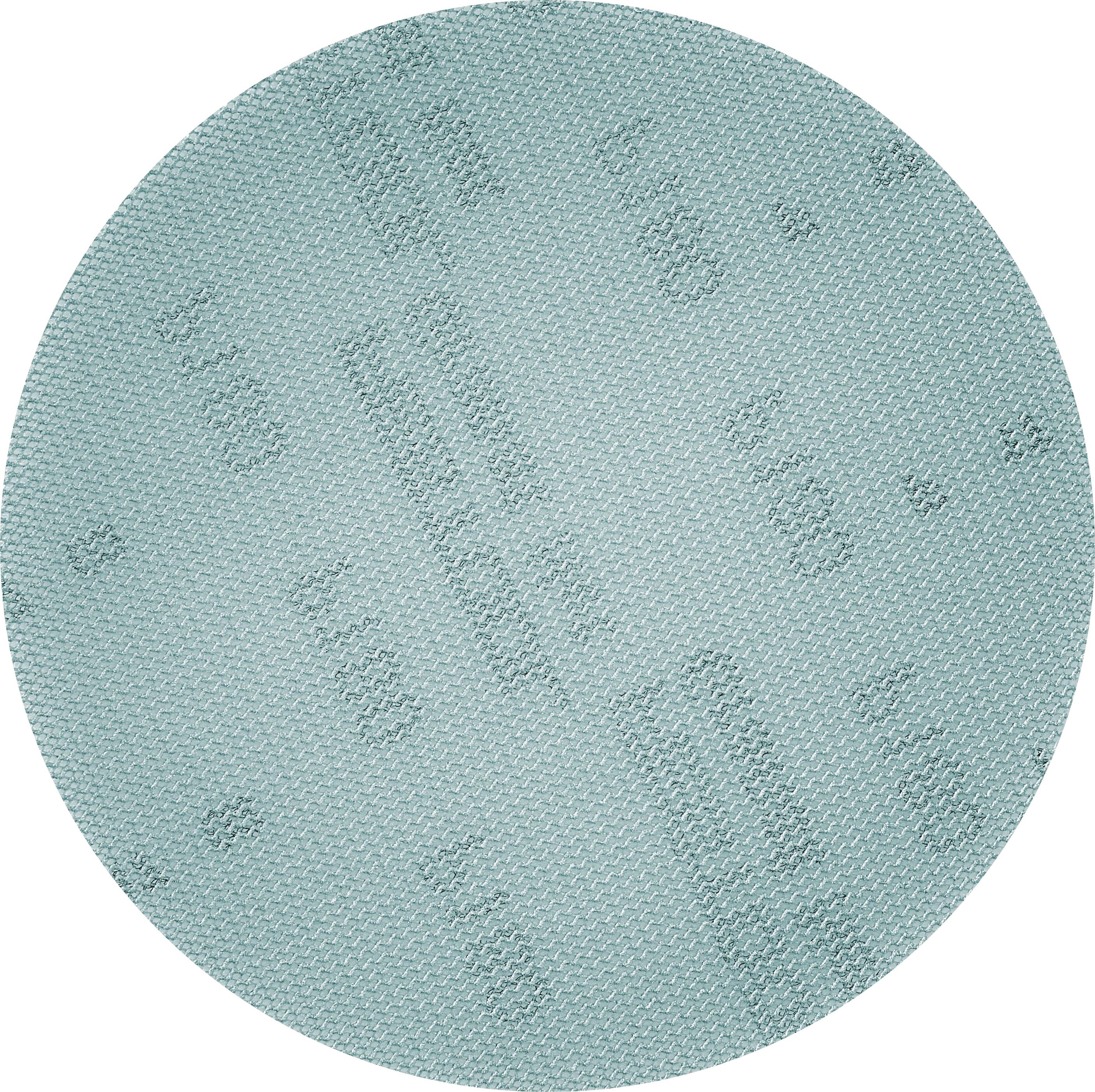 Ein rundes Blatt Schleifpapier mit feiner Körnung und strukturierter Oberfläche in hellblauer Farbe, mit schwach gedrucktem Text, der nicht lesbar ist.