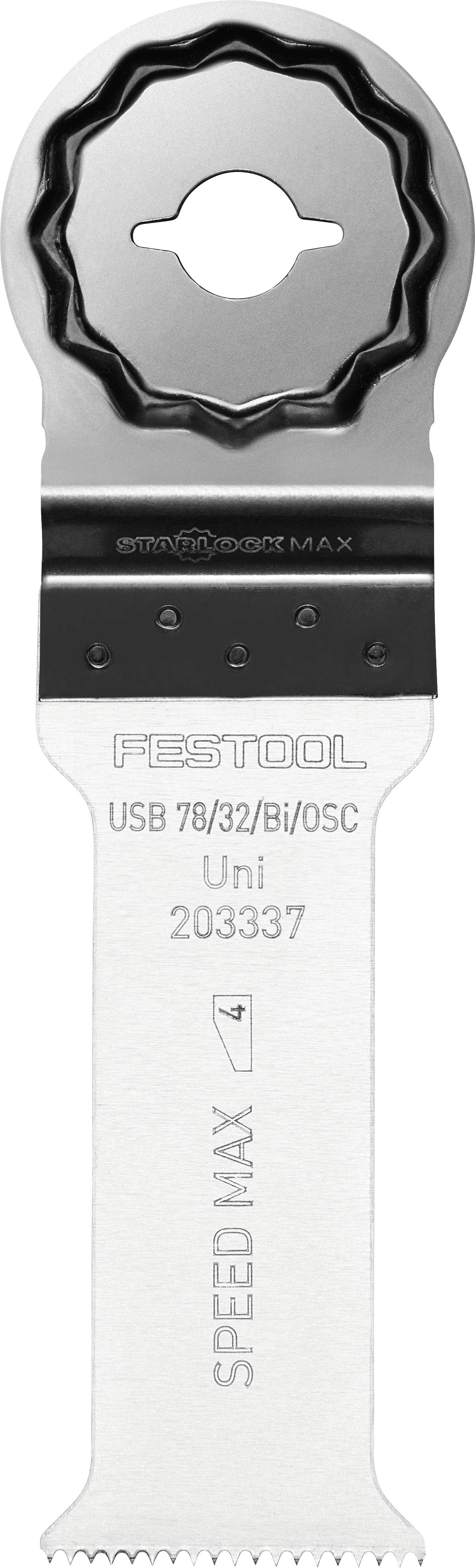 Oszillierendes Sägeblatt von Festool, Modell USB 78/32/Bi/Osc. Speed Max Logo sichtbar, mit detailliertem Zahndesign für Schnitteffizienz.