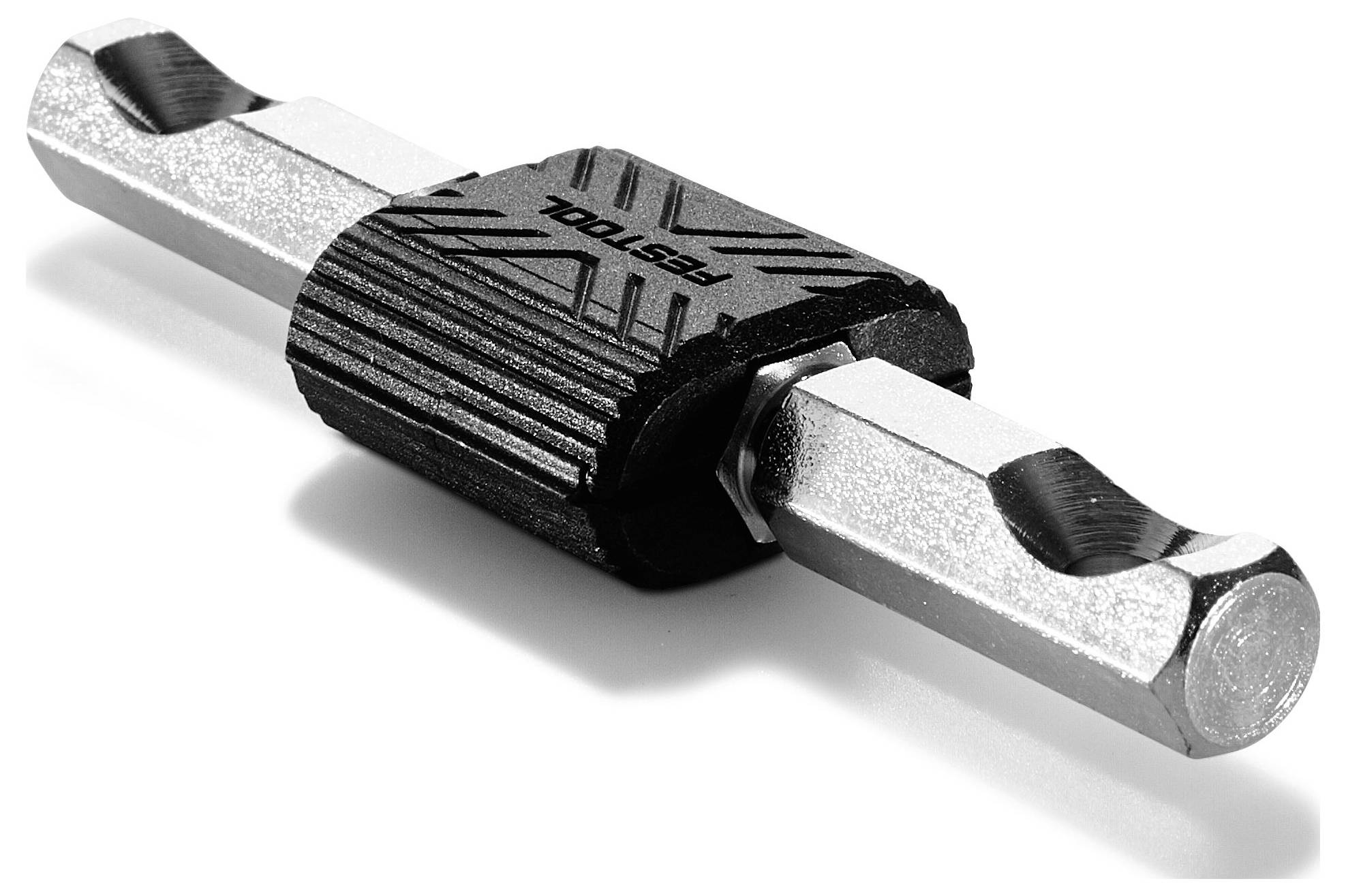 Un embout de tournevis double extrémité Festool avec une prise en main texturée noire au centre et du métal argenté aux deux extrémités.