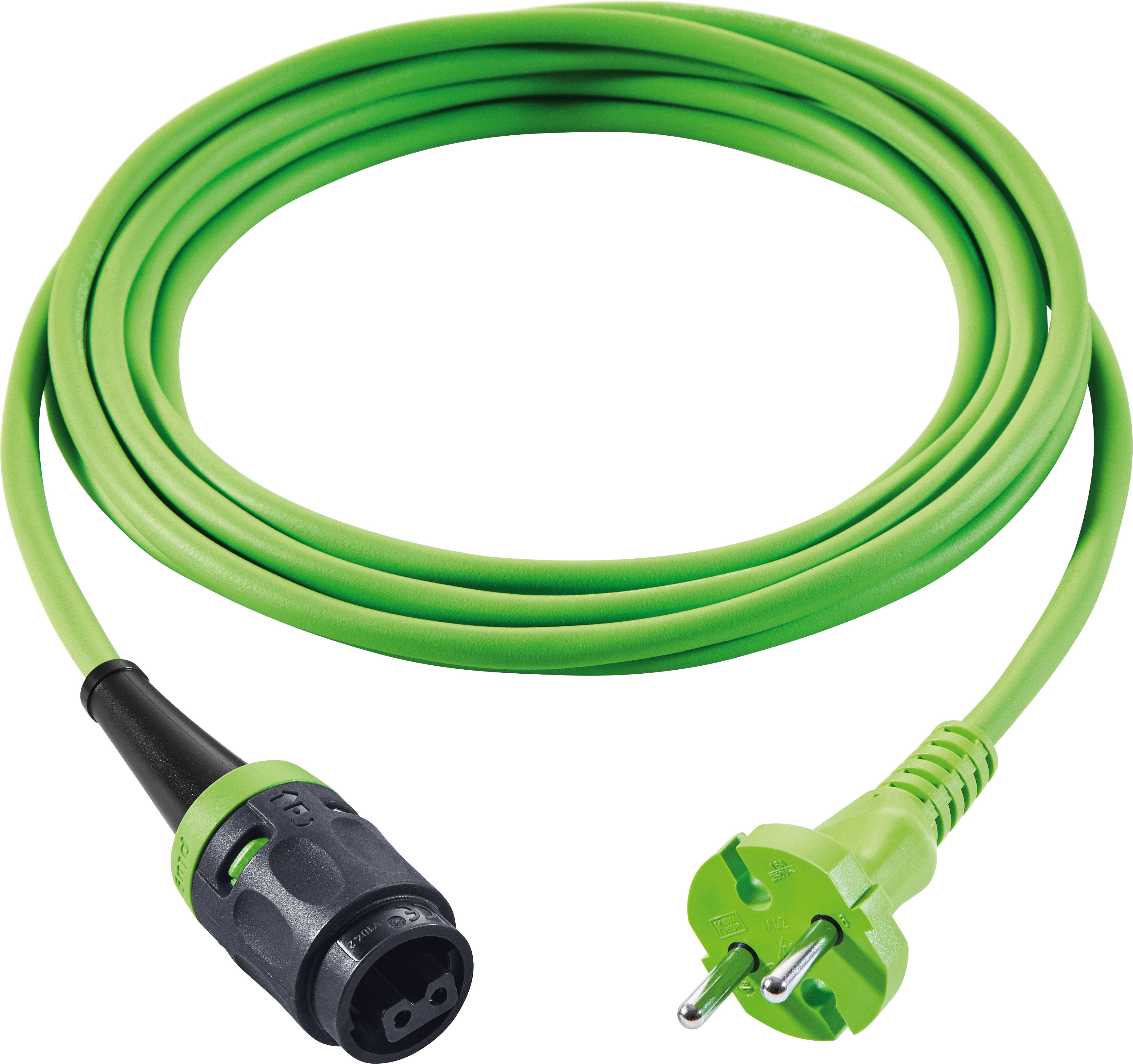 Ein grünes Stromverlängerungskabel mit einem zweipoligen Stecker auf der einen Seite und einem Verriegelungsstecker auf der anderen Seite, ordentlich aufgerollt.