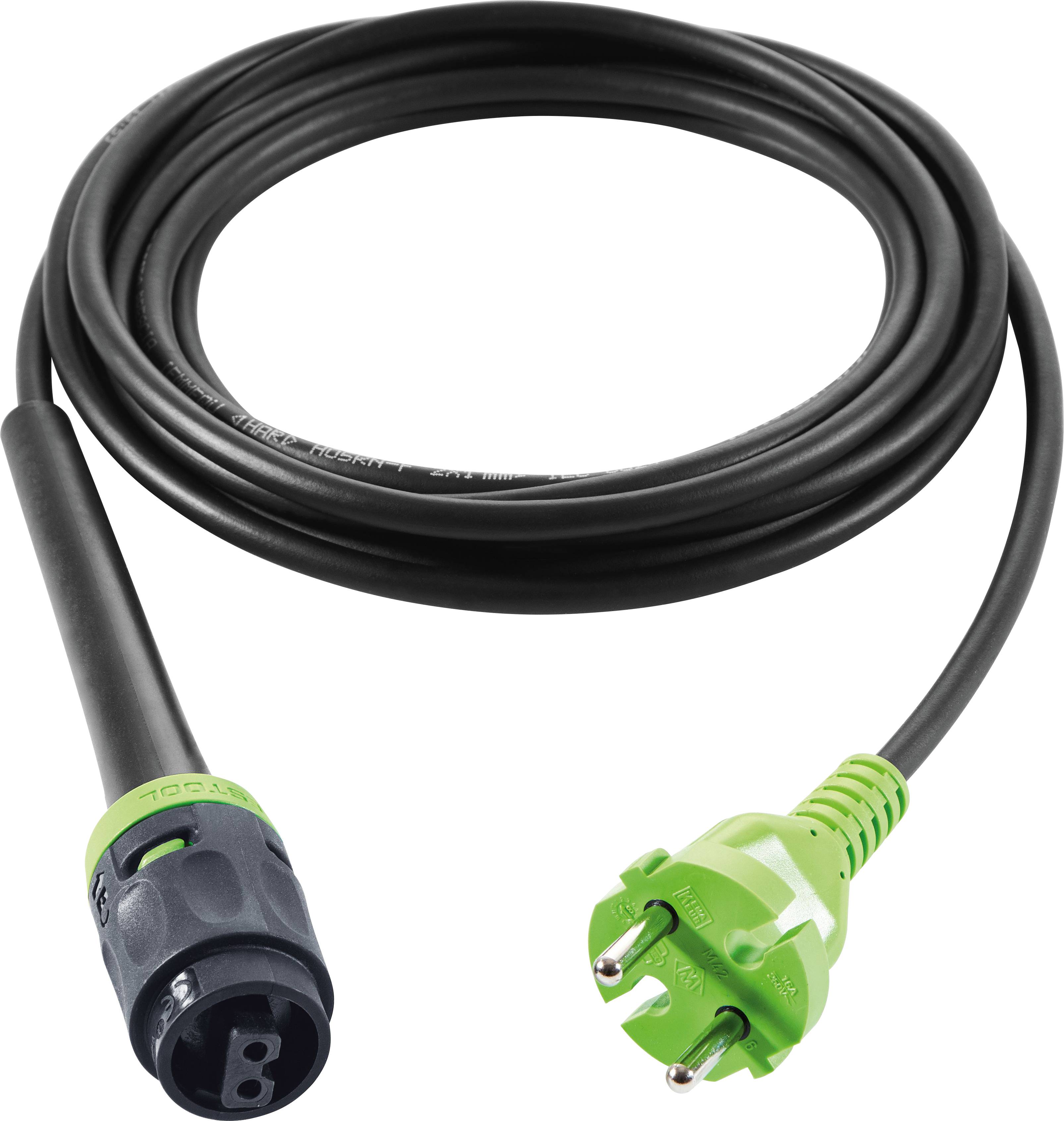 Ein schwarzes und grünes Stromkabel mit einem dreipoligen Stecker und einem Anschluss, in einem Kreis aufgerollt.