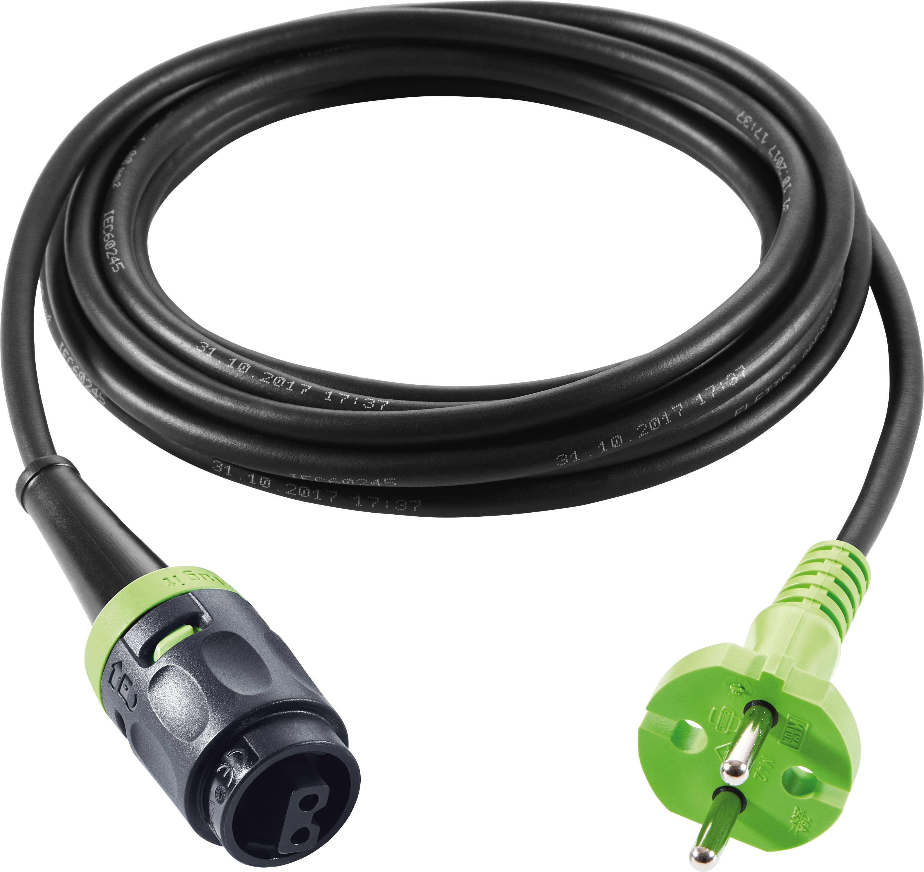 Ein schwarzes Stromkabel mit einem grünen und schwarzen Stecker an einem Ende und einem grünen Steckverbinder mit Kontaktstiften am anderen Ende, wird für Stromverbindungen verwendet.