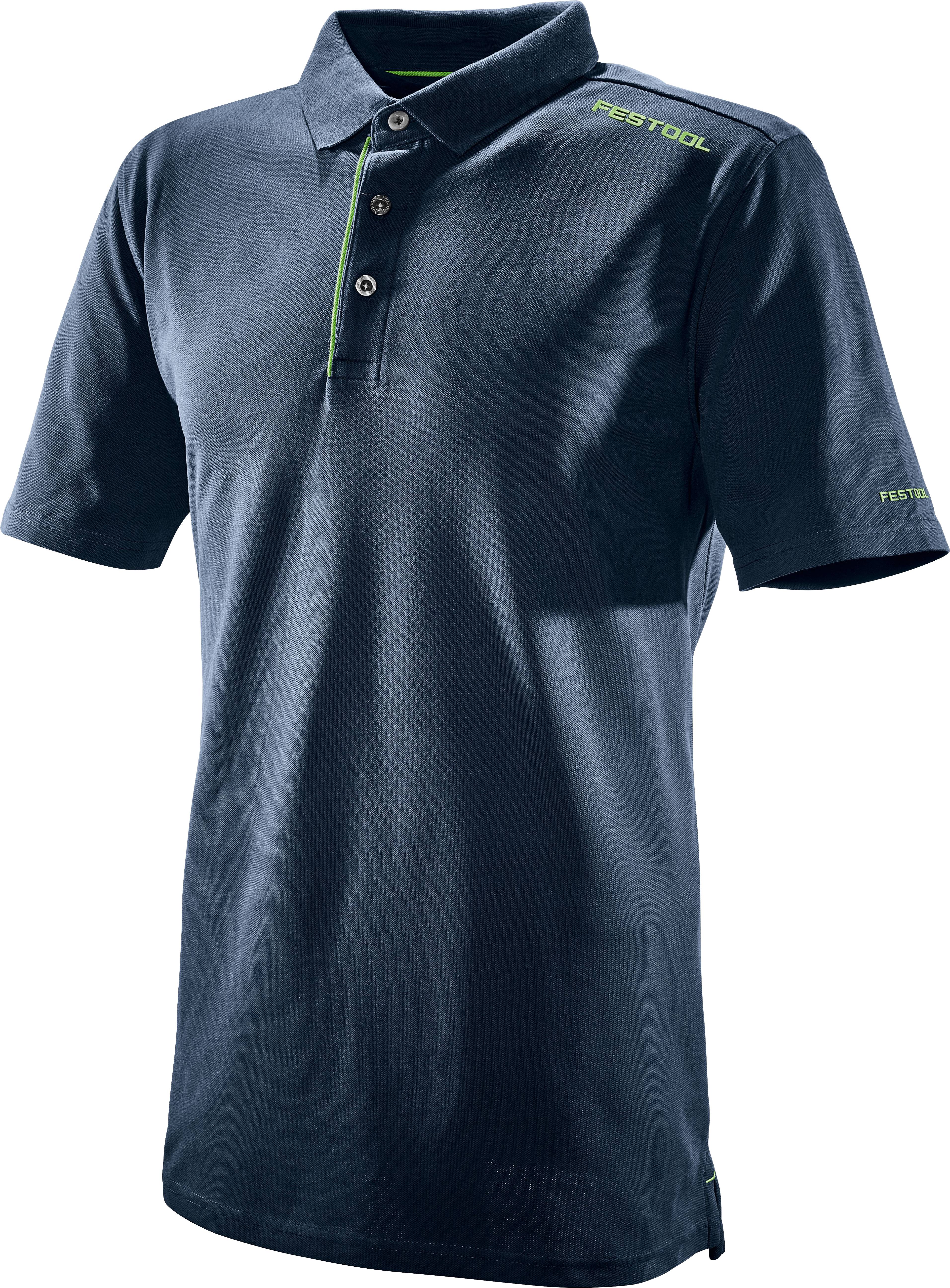 Ein marineblau Poloshirt mit Kragen und drei Knöpfen, das das 'Festool' Logo in Grün auf der Brust und am Ärmel aufweist.