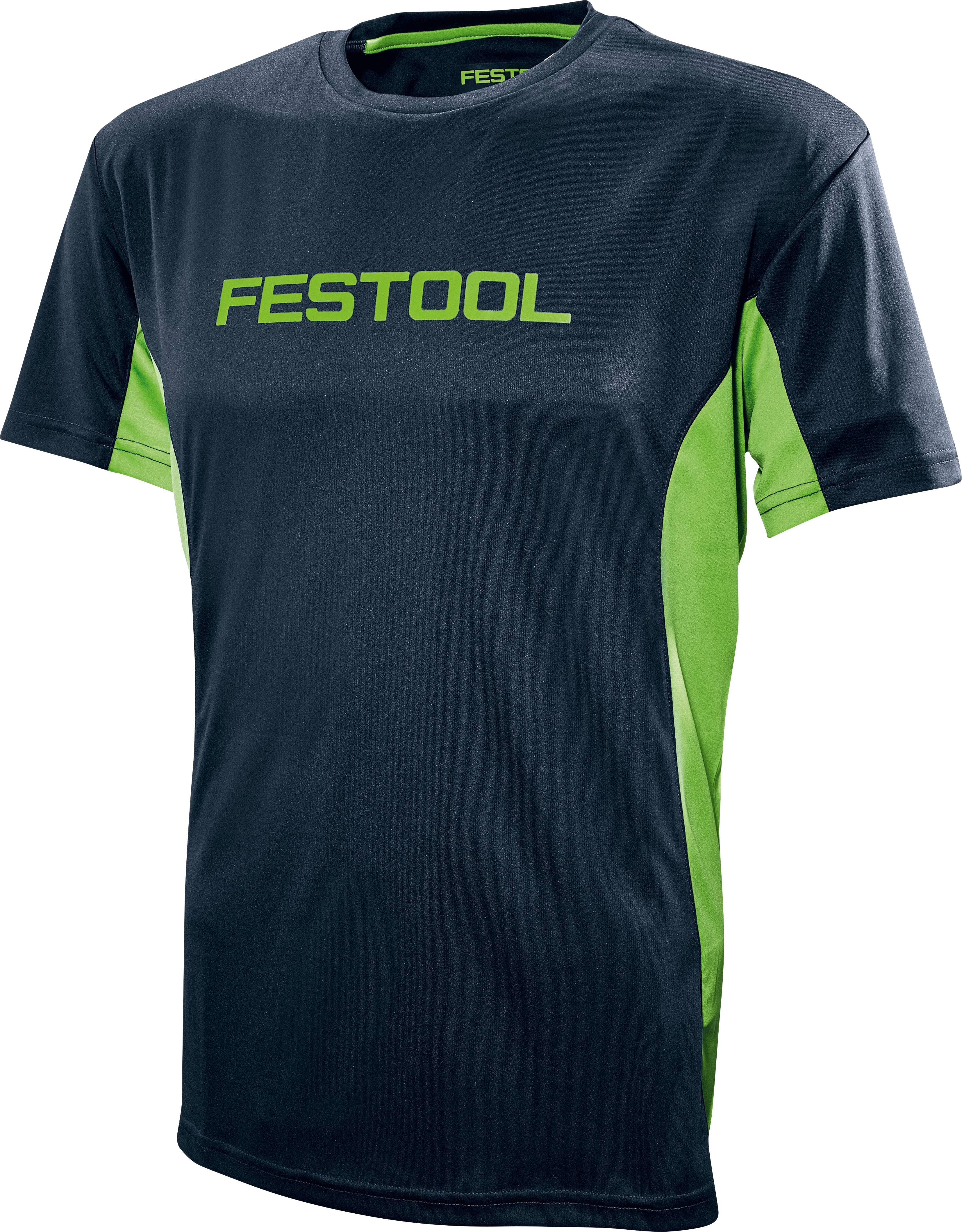 Ein dunkelblau und grün gefärbtes T-Shirt mit „FESTOOL