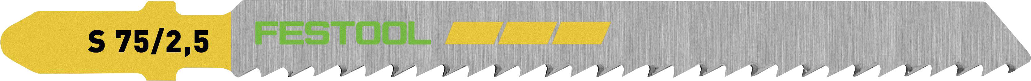 A gray Festool jigsaw blade with the model number 'S 75/2,5' on a yellow background. The blade has fine teeth on its edge.