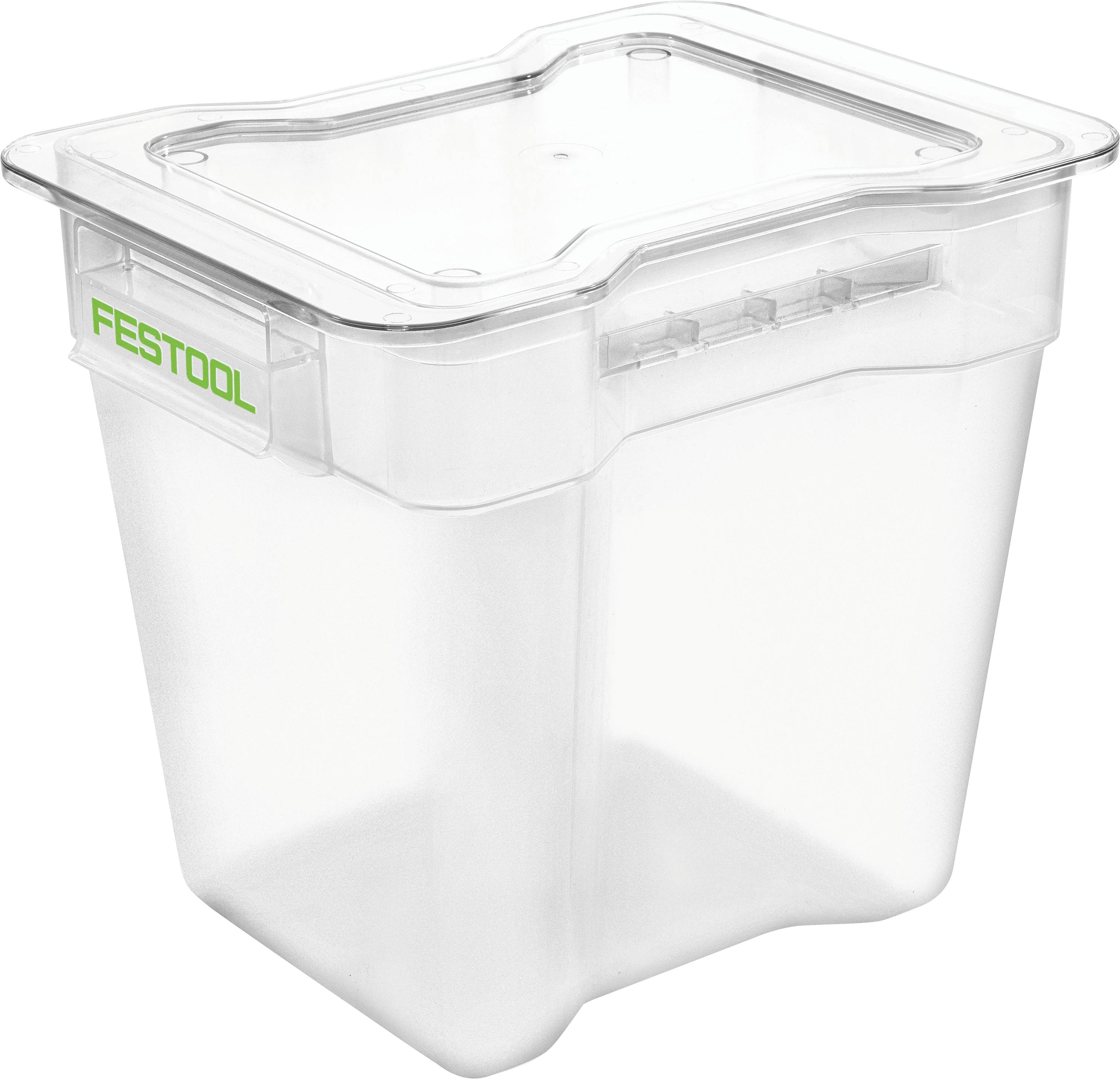 A clear plastic storage container with a lid, labeled 'Festool' in green on the side. Suitable for organizing tools or equipment.