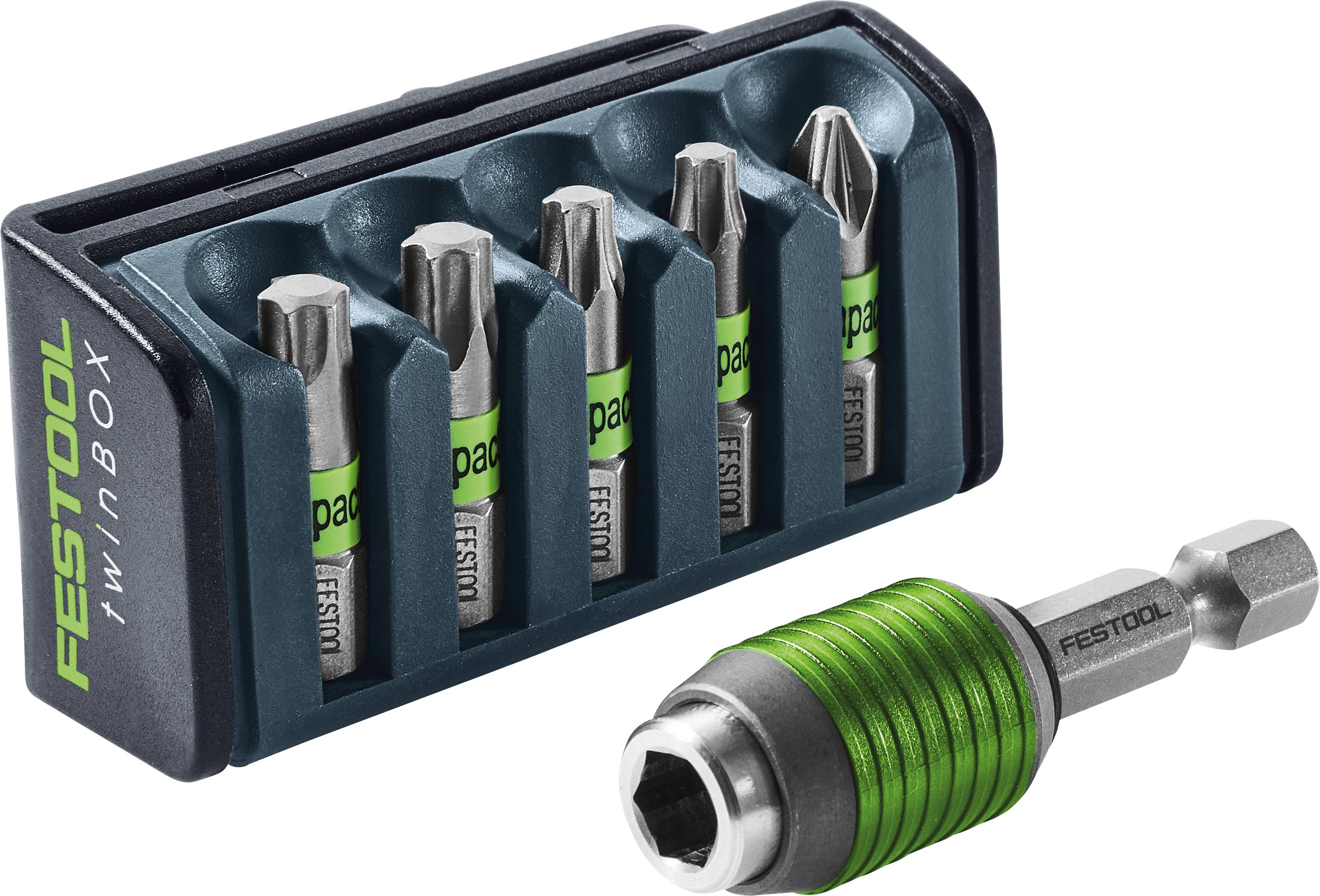 Ein Satz von fünf Festool-Schrauberbits in einem Halter und ein grüner magnetischer Bithalter, entwickelt für Präzision und Langlebigkeit bei verschiedenen Schraubaufgaben.