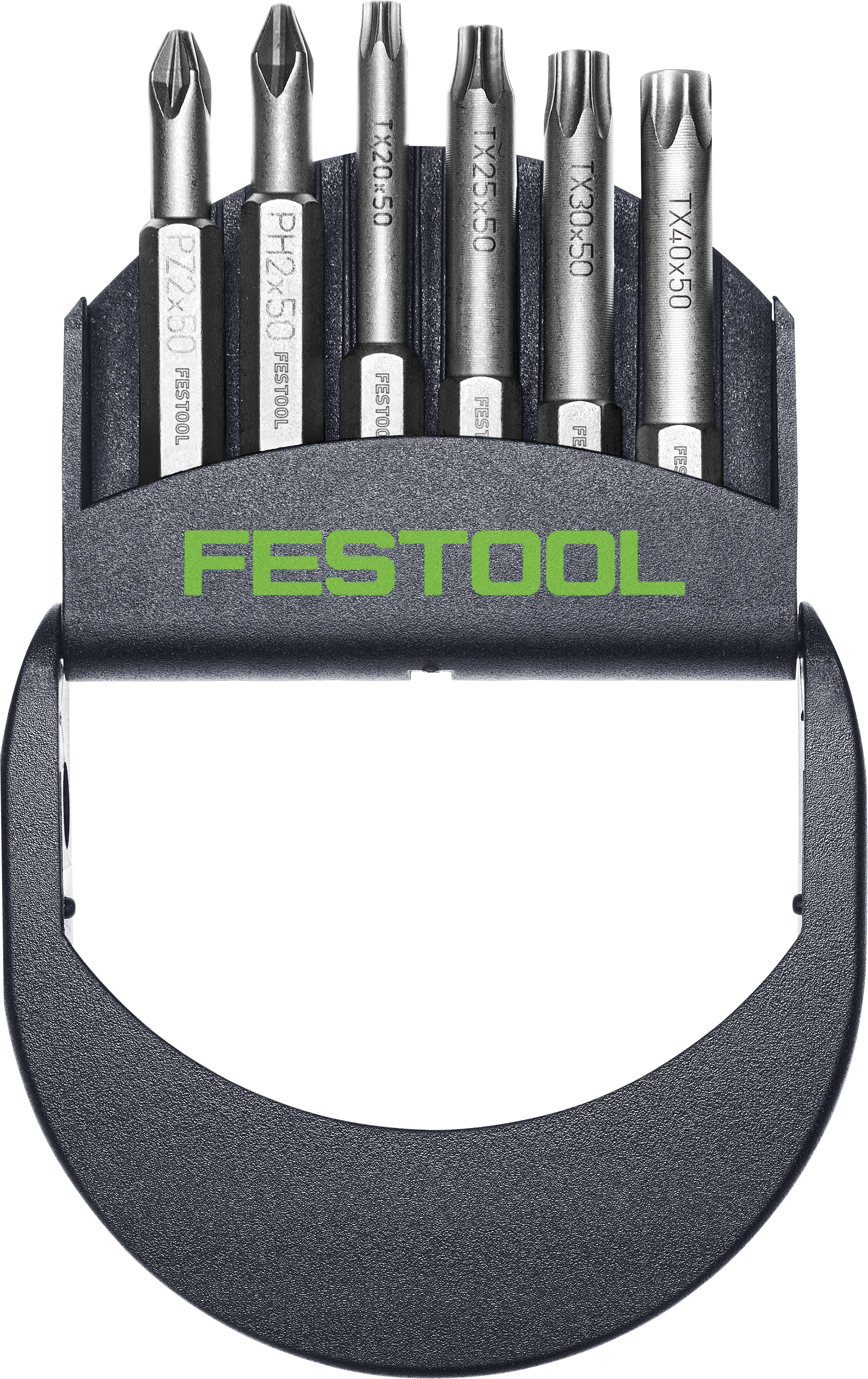 Ein Satz von sechs Festool-Schraubendreher-Bits, ordnungsgemäß in einem Halter angeordnet. Jedes Bit ist mit Größen wie PZ2, PH2 und T20 gekennzeichnet.