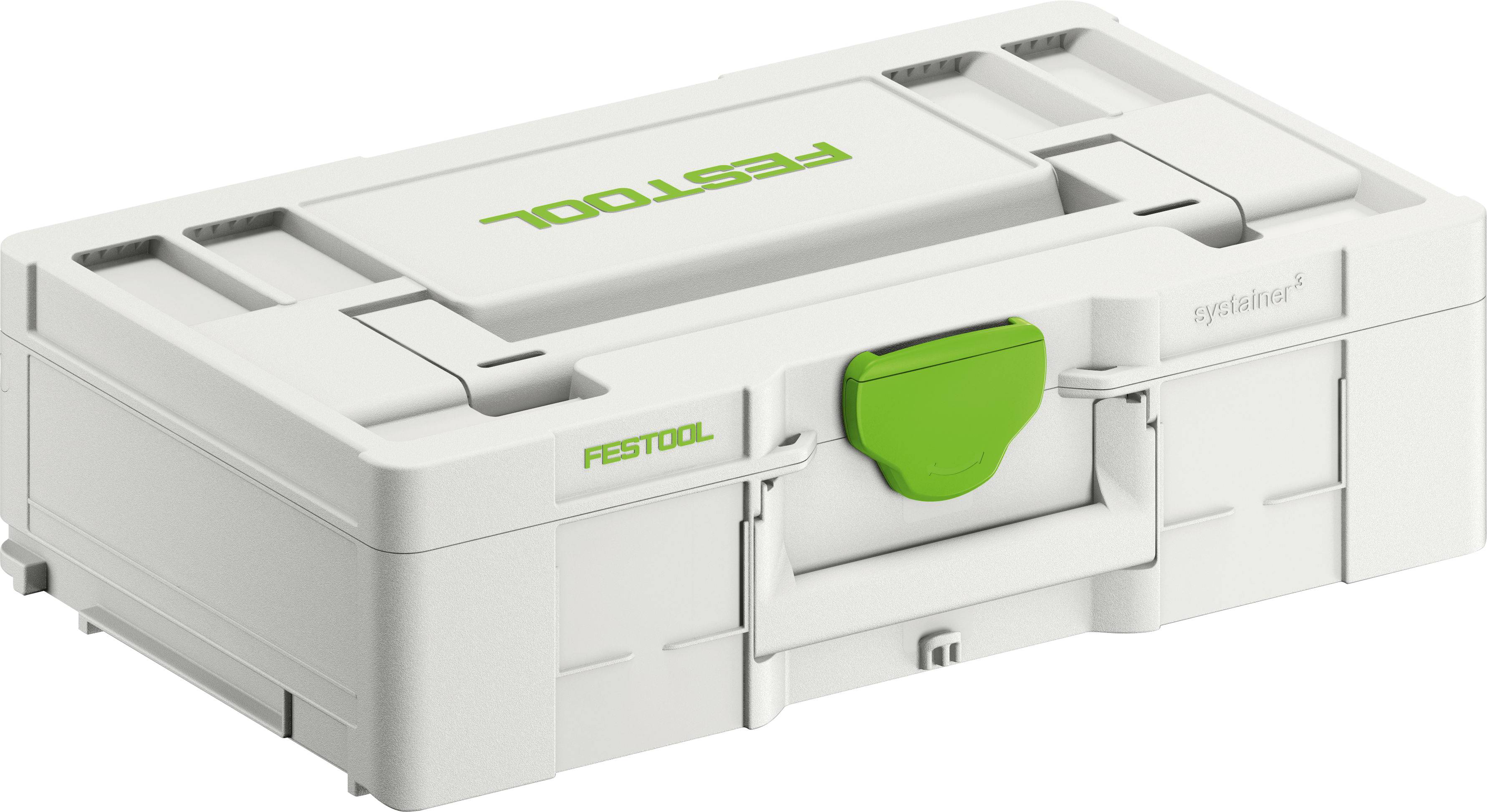 Eine weiße Festool-Werkzeugkiste mit grünem Verschluss und Griff, mit 