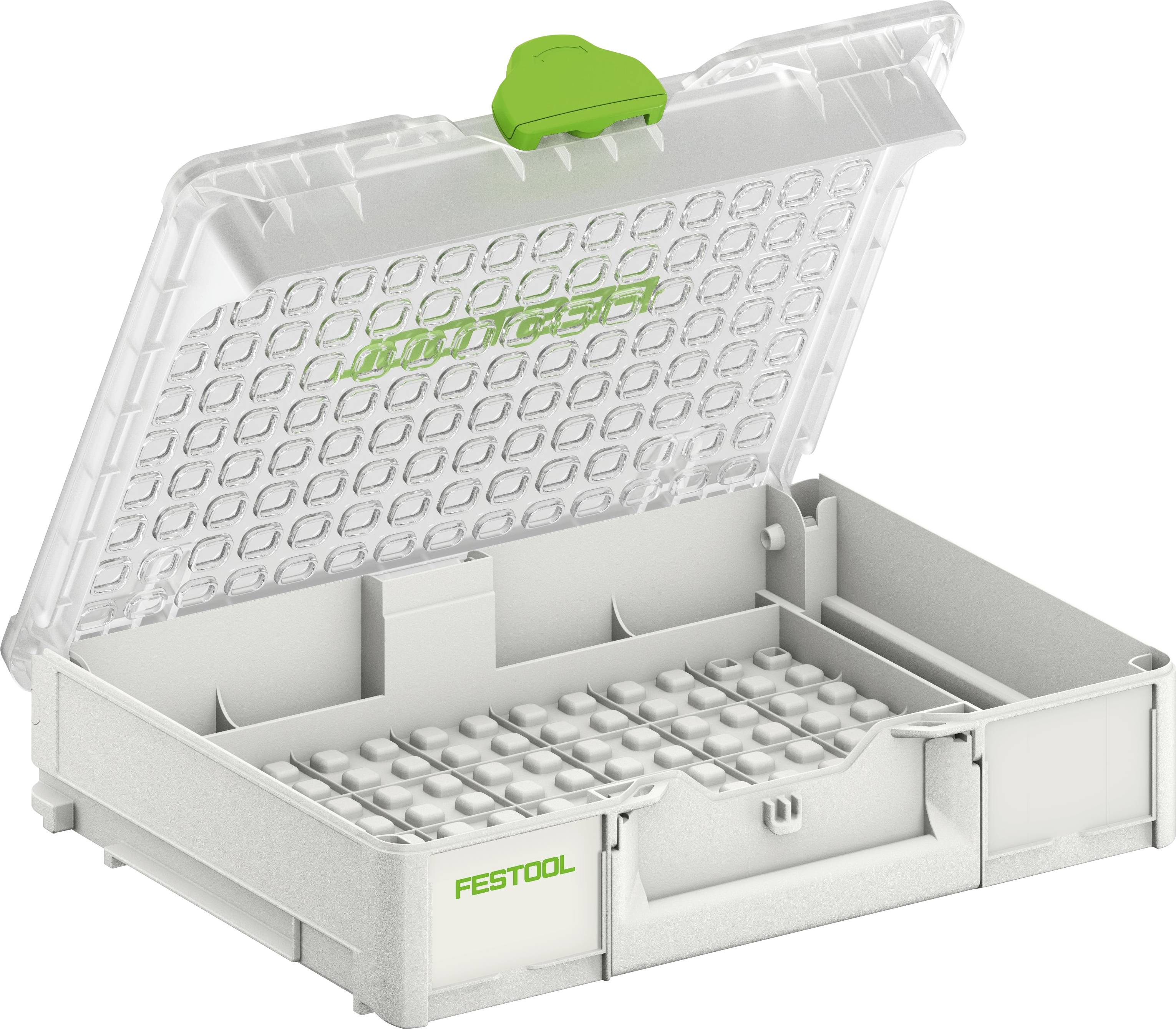 Eine transparente Aufbewahrungsbox mit einem grünen Riegel und einrastbaren Fächern, mit der Marke „Festool