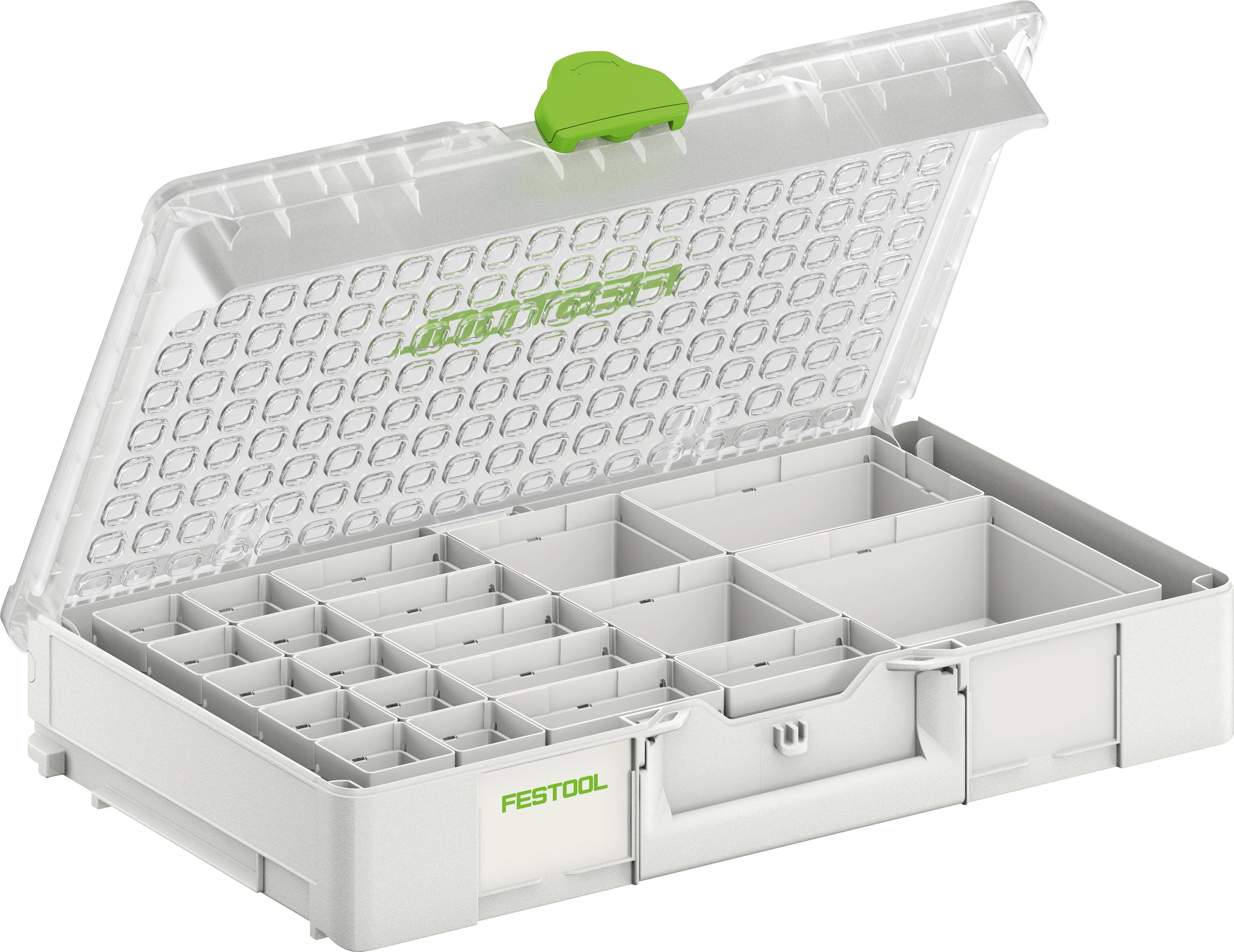 Festool Organizer-Box mit mehreren Fächern offen, zeigt verschiedene Größen zur Werkzeuglagerung, aus grauem Kunststoff.