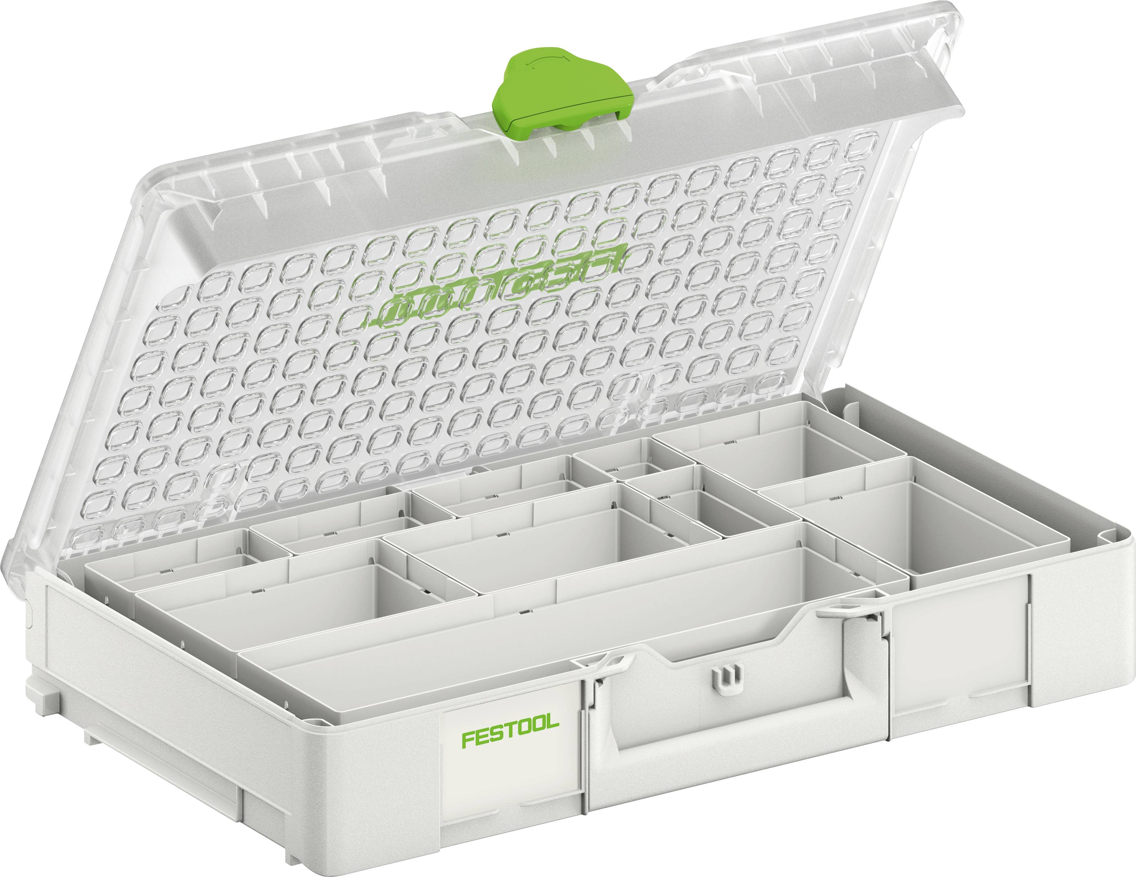 Ein durchsichtiger Behälter mit verschiedenen Fächern zur Organisierung von Kleinwerkzeugen und Teilen, mit einer grünen Verriegelung und dem Markennamen „Festool