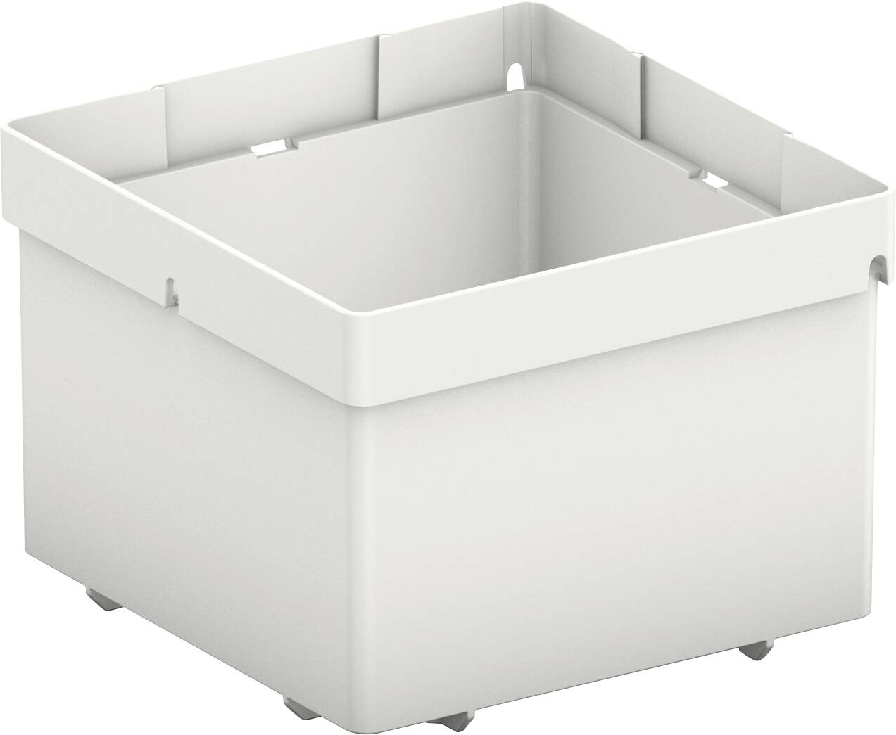 Ein quadratischer, leerer, hellgrauer Lagerbox mit erhöhten Wänden und verstärkten Ecken, von einem Winkel aus betrachtet.