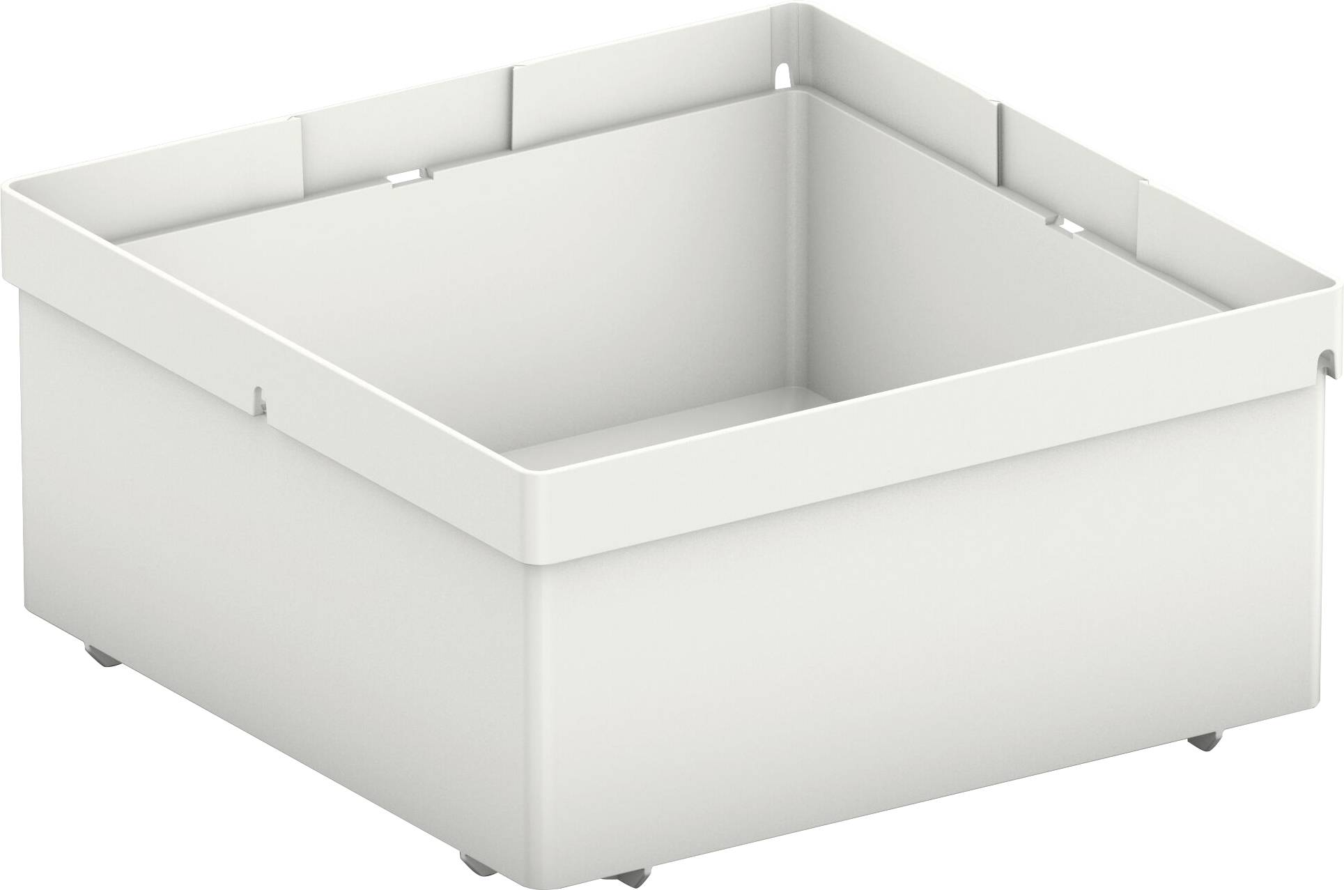Weiße quadratische Aufbewahrungsbox mit abnehmbarem Deckel und kleinen Füßen.
