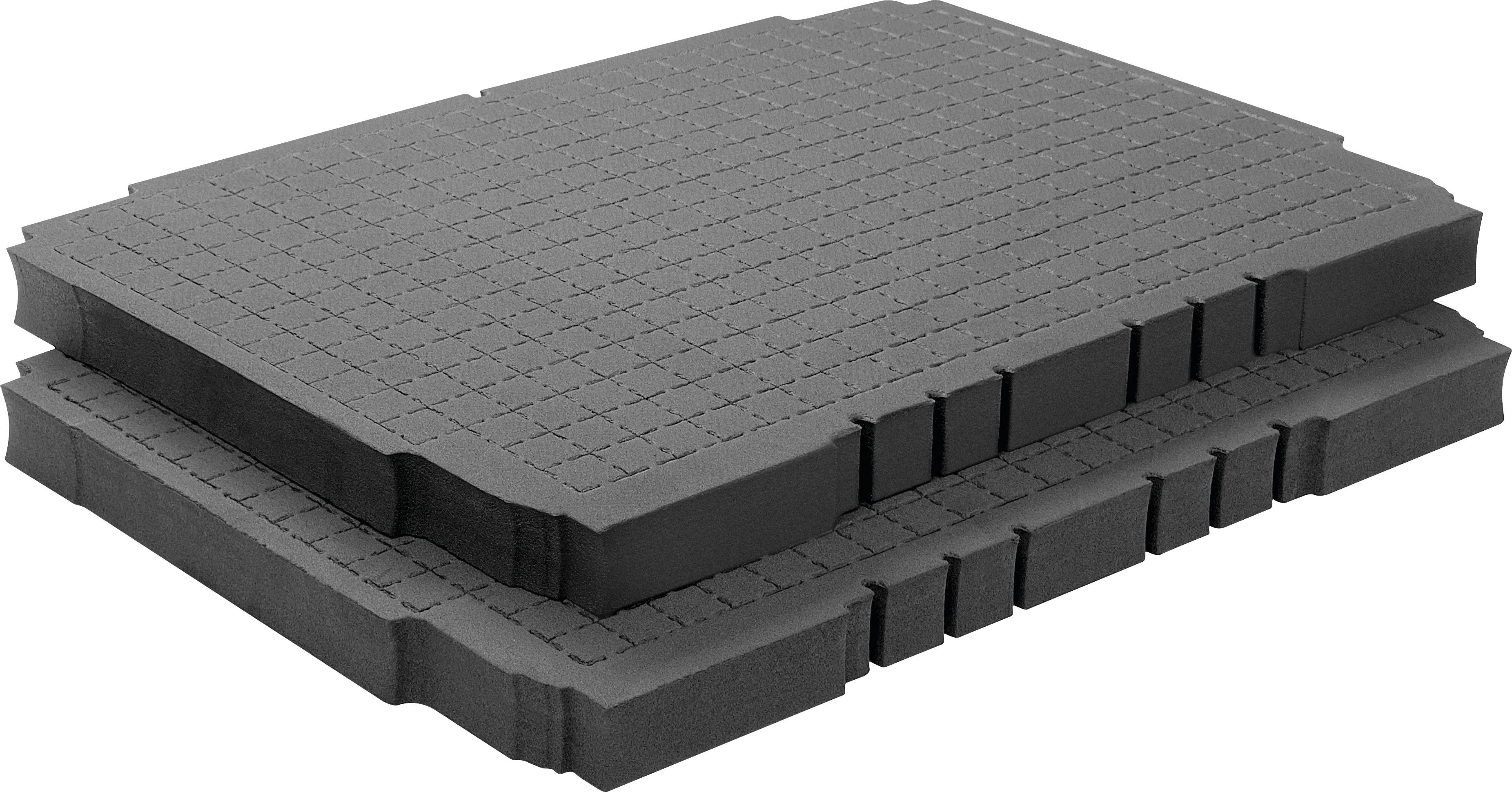 Gestapelte schwarze Schaumstoffplatten mit Rastermuster, verwendet zur Verpackung oder zum Schutz.