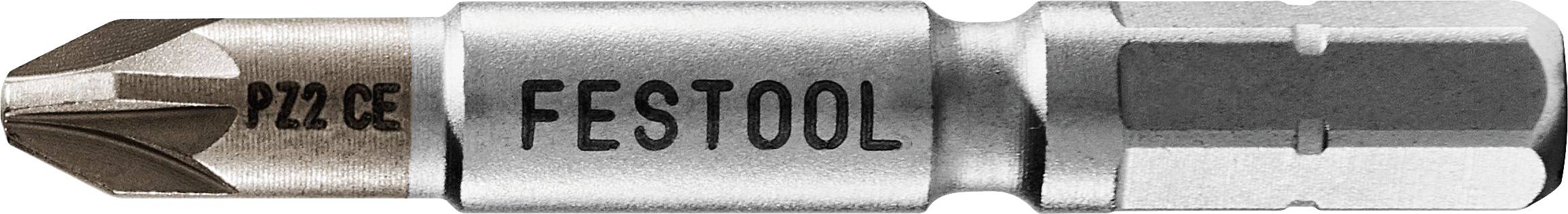 A metal screwdriver bit labeled 'FESTOOL PZ2 CE', featuring a cross-shaped tip for driving screws.