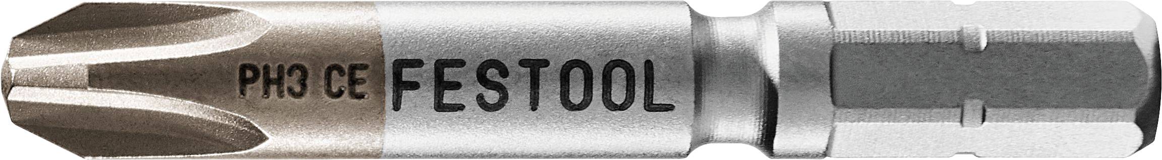 Eine Nahaufnahme eines Festool PH3 CE Schraubendreher-Bits, das seine kreuzförmige Spitze und metallische Oberfläche zeigt, entwickelt für die Verwendung mit Elektrowerkzeugen.