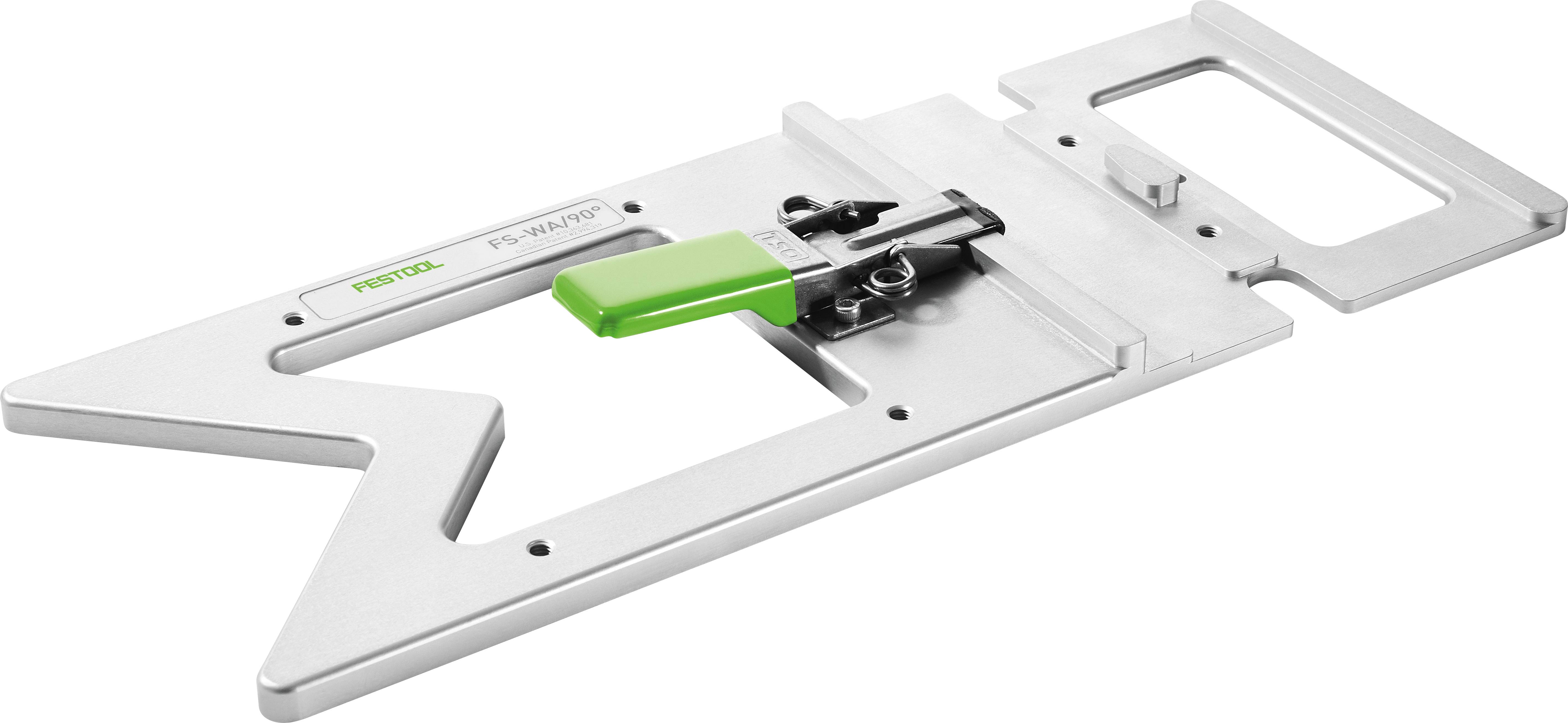 Ein Metall-Festool-Werkzeugzubehörteil für präzises Schneiden, mit einem verstellbaren grünen Marker, positioniert auf einer ebenen Oberfläche.