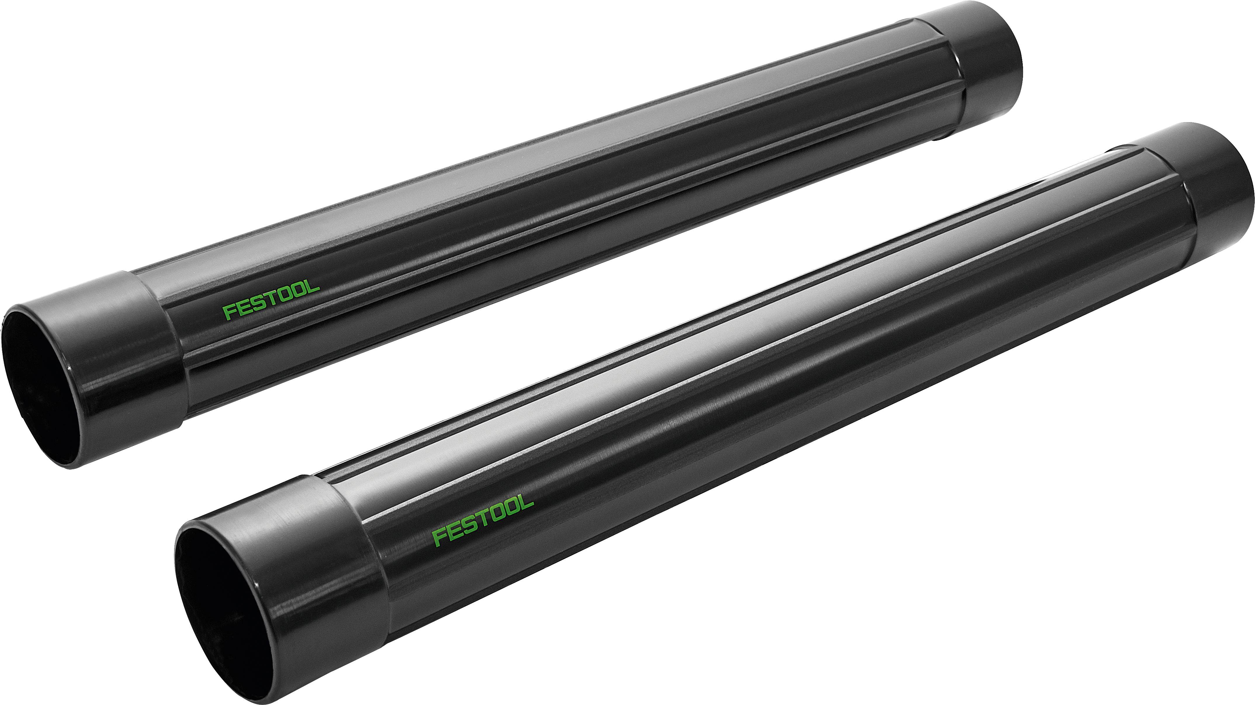Zwei schwarze Festool-Staubsaugerschläuche sind vor weißem Hintergrund zu sehen. Sie sind horizontal ausgerichtet, mit grünem Festool-Branding auf jedem.