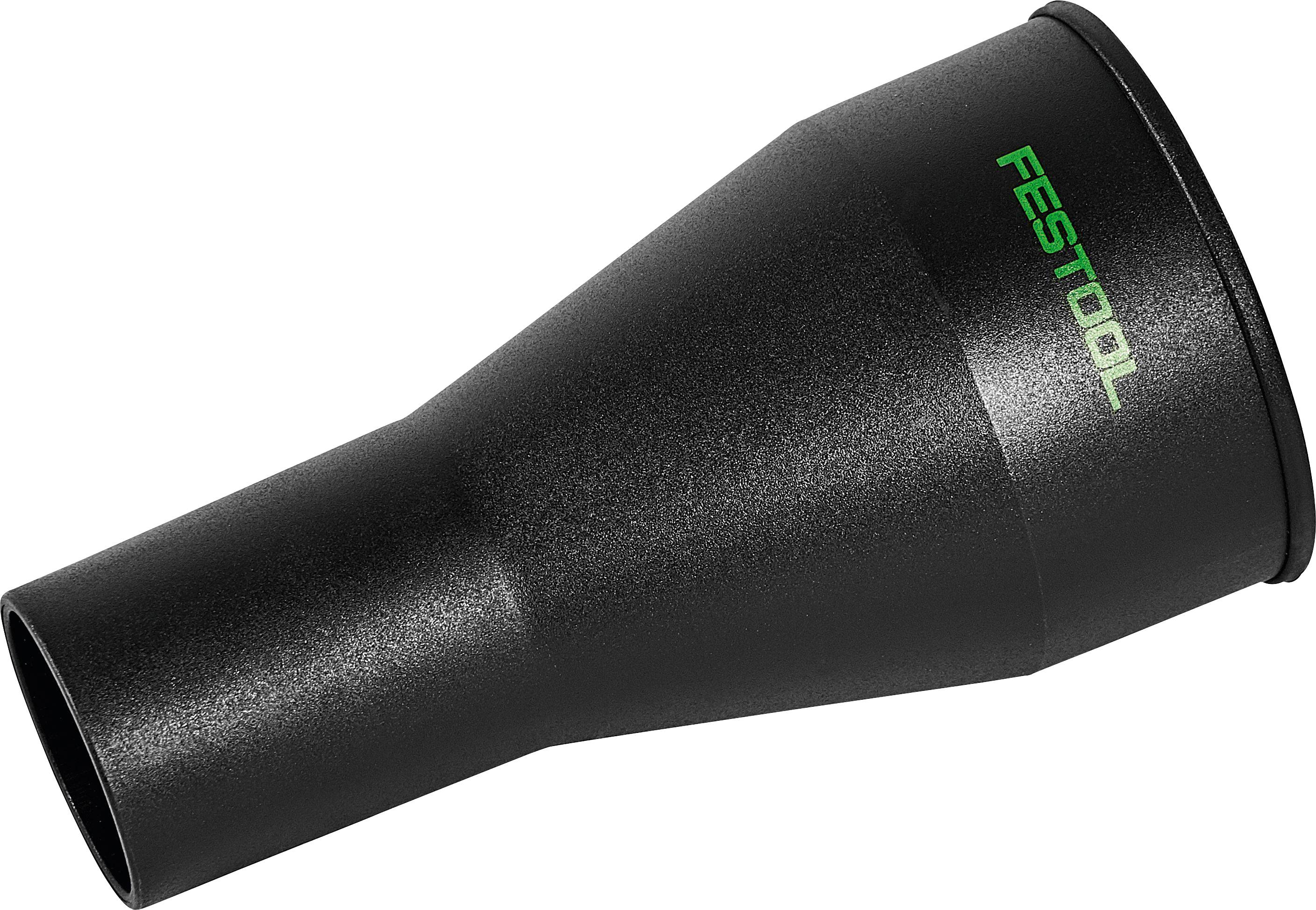 Ein schwarzer FESTOOL-Düsenaufsatz, entwickelt für Staubextraktionssysteme, verengt sich von einer breiten Öffnung zu einer engen Auslassöffnung.