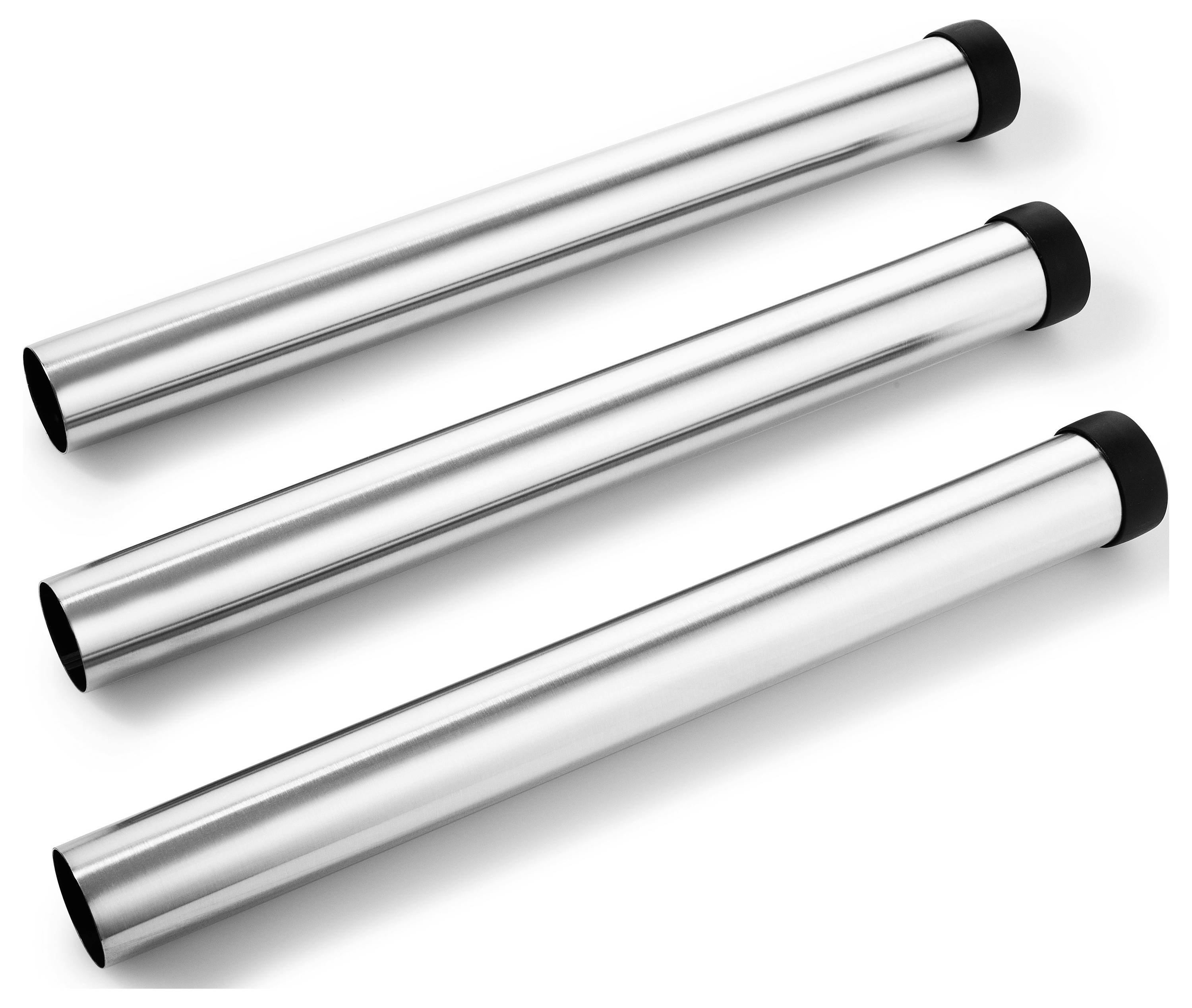 Three stainless steel cylindrical rods with black caps on one end are shown placed parallel to each other on a white background.