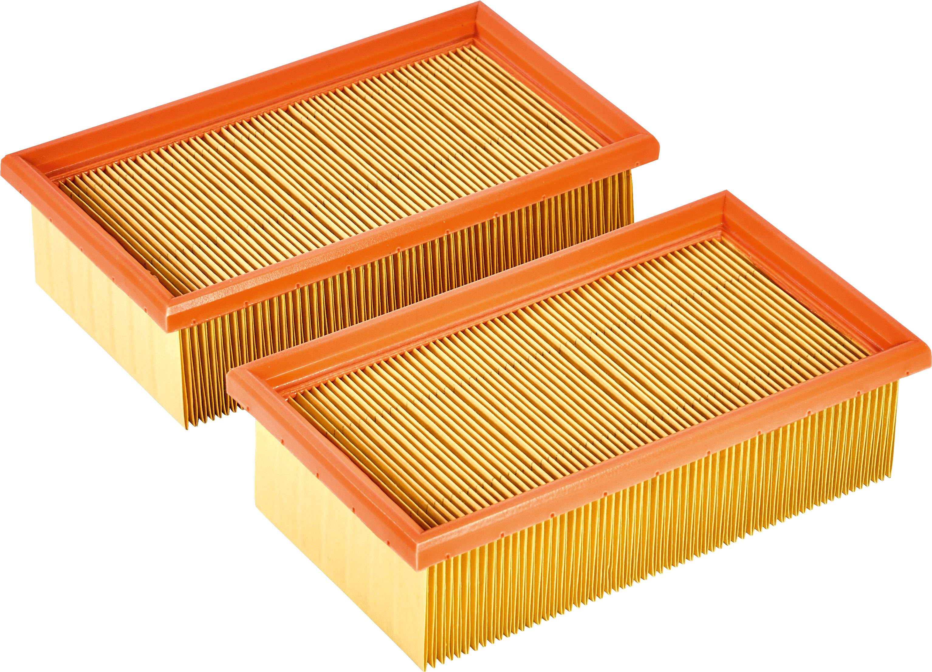 Two rectangular air filters with orange frames and pleated yellow paper for filtration.