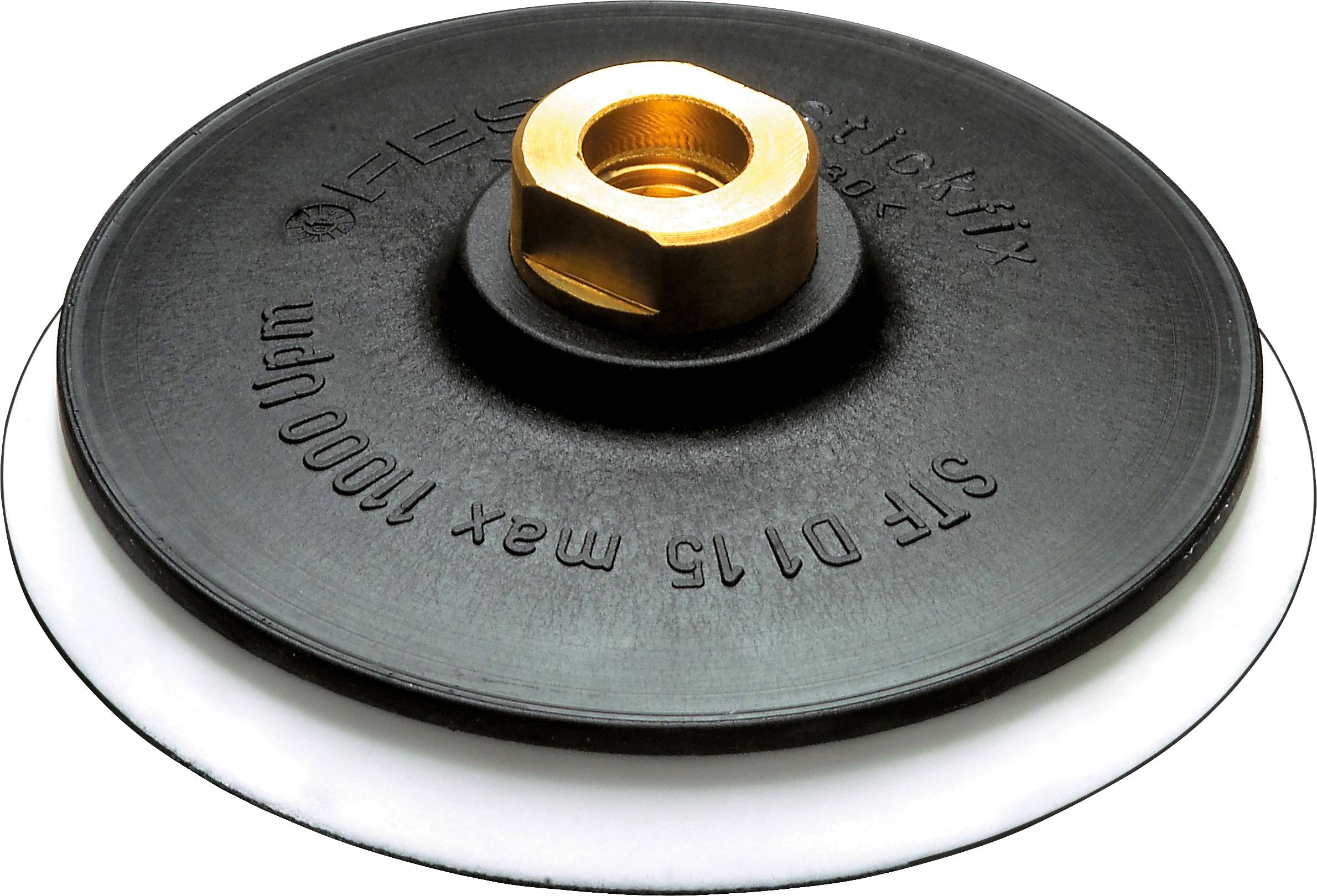 Ein schwarz-weißes kreisförmiges Schleiftuch mit einer goldenen Mittelmutter zur Befestigung an einem Elektrowerkzeug, gekennzeichnet mit „max 11000/min