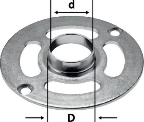 Eine Metallscheibe mit kreisförmigen Ausschnitten und einem zentralen Loch, die Durchmessermessungen 'd' und 'D' zeigt.