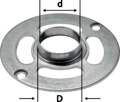 Ein rundes Metallflansch mit zwei beschrifteten Messungen: dem Innendurchmesser 'd' und dem Außendurchmesser 'D'. Das Flansch hat Bohrungen und Ausschnitte.