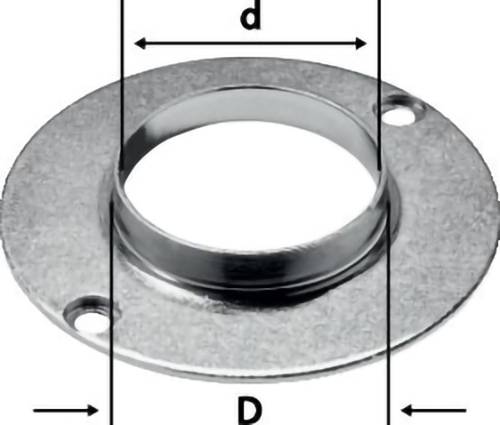 Ein Metallflansch mit zwei Löchern, mit den Durchmessern 'd' und 'D' gekennzeichnet, die Messungen für Befestigungs- oder Montagezwecke angeben.