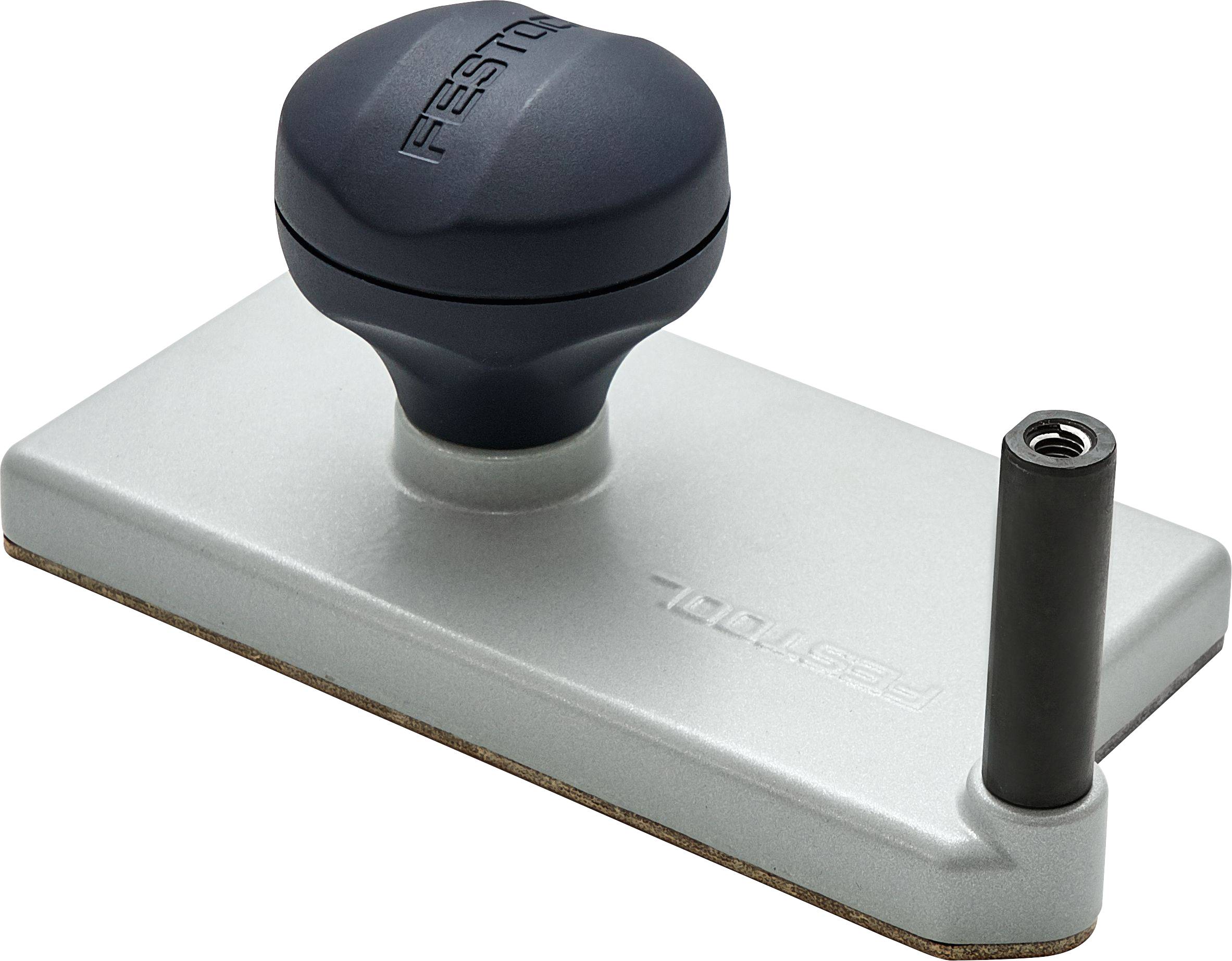 Ein Festool-Kantenleistenzubehör mit grauer Basis, dunkelgrauem Griff und zylindrischem Führungsstift; wird für Präzision in der Holzbearbeitung verwendet.