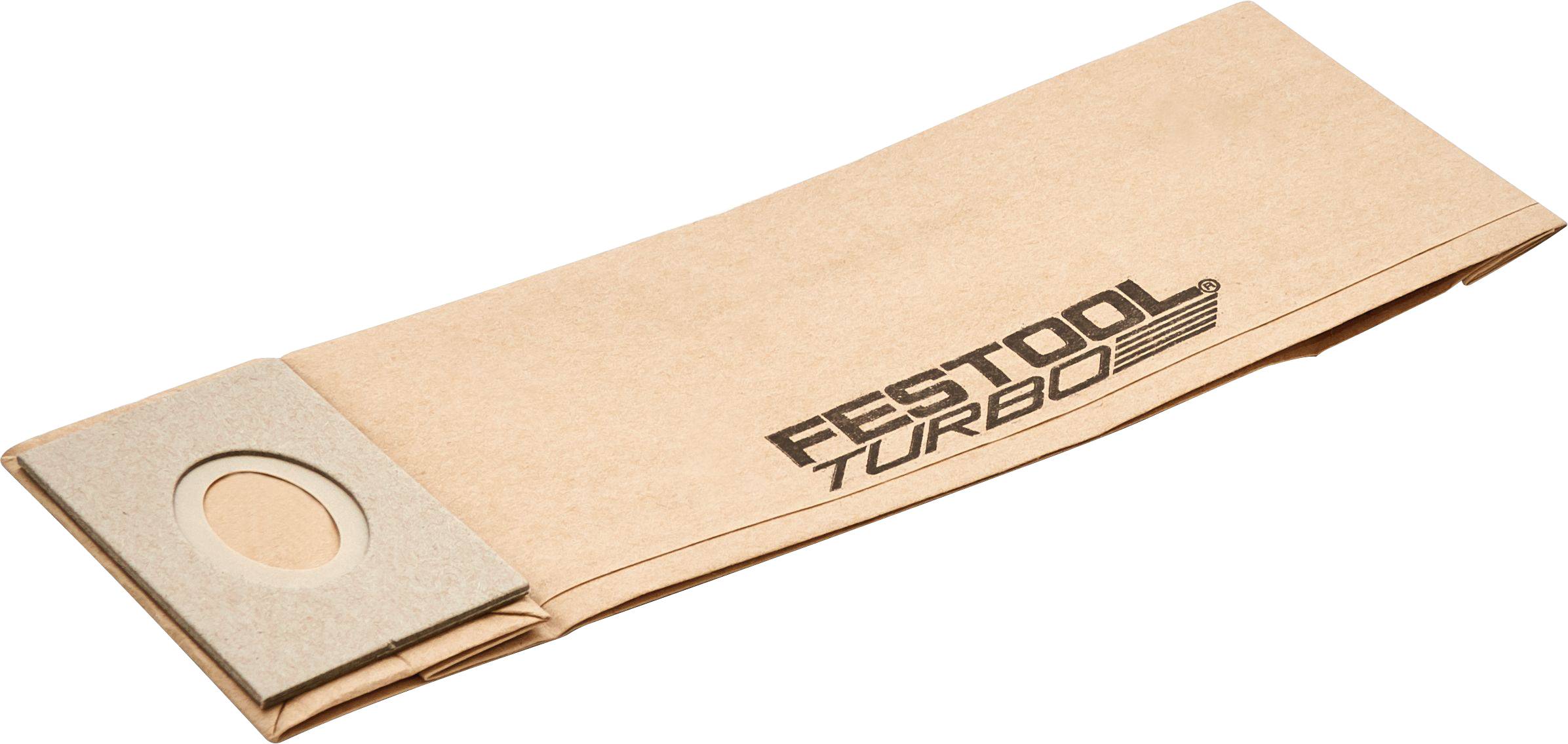 Eine braune, gefaltete Staubsaugerbeutel mit der Aufschrift „Festool Turbo