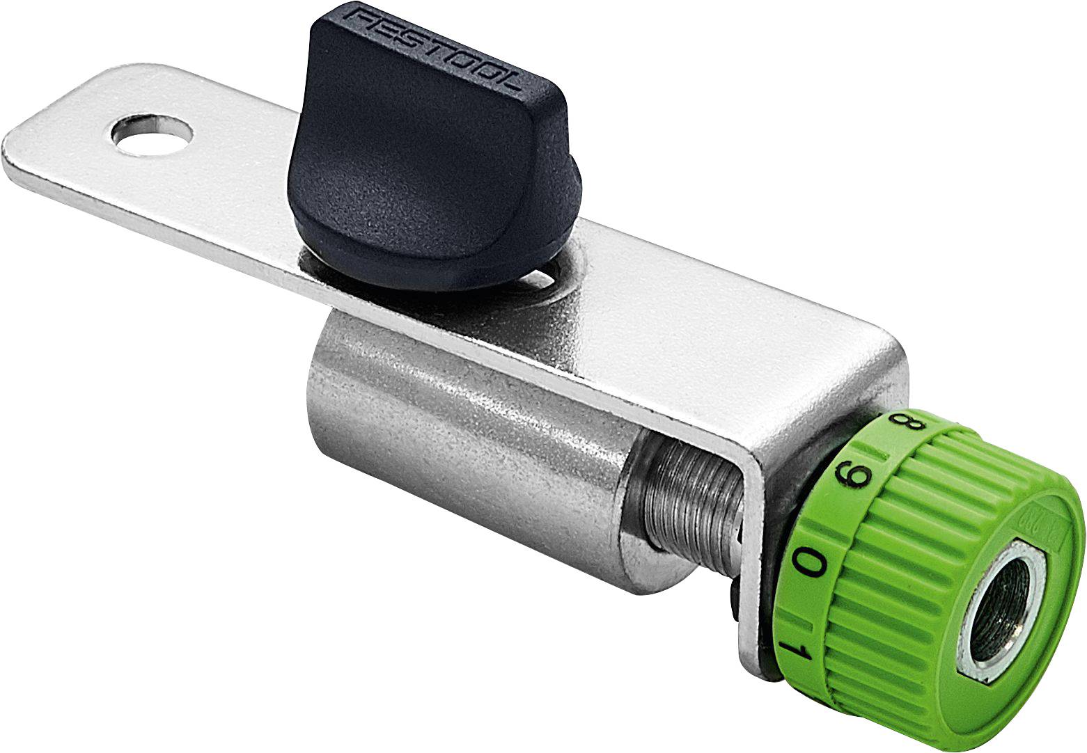 Ein silbernes Festool-Werkzeug mit schwarzem Drehknopf und grünem nummeriertem Zifferblatt für präzise Einstellungen.