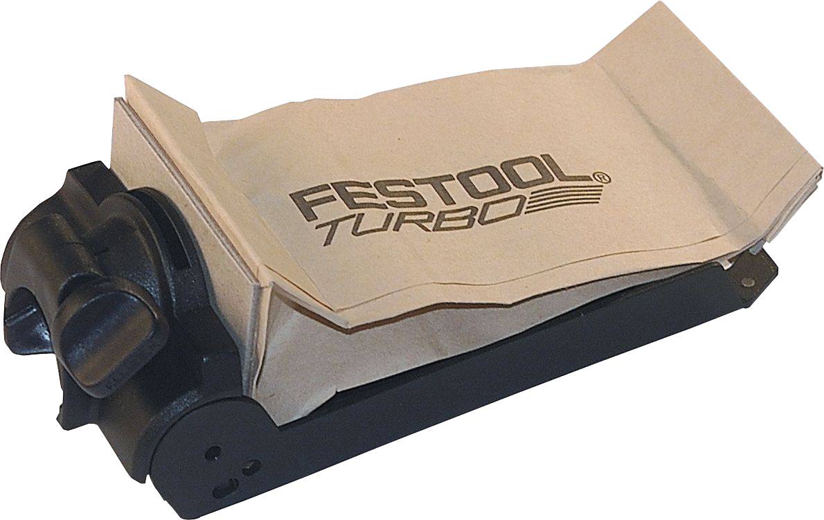 Eine Festool Turbo Papierstaubsacktüte auf einem schwarzen Kunststoffhalter, die zum Sammeln von Staub und Verschmutzung bei Holzbearbeitungs- und Heimwerkerprojekten verwendet wird.