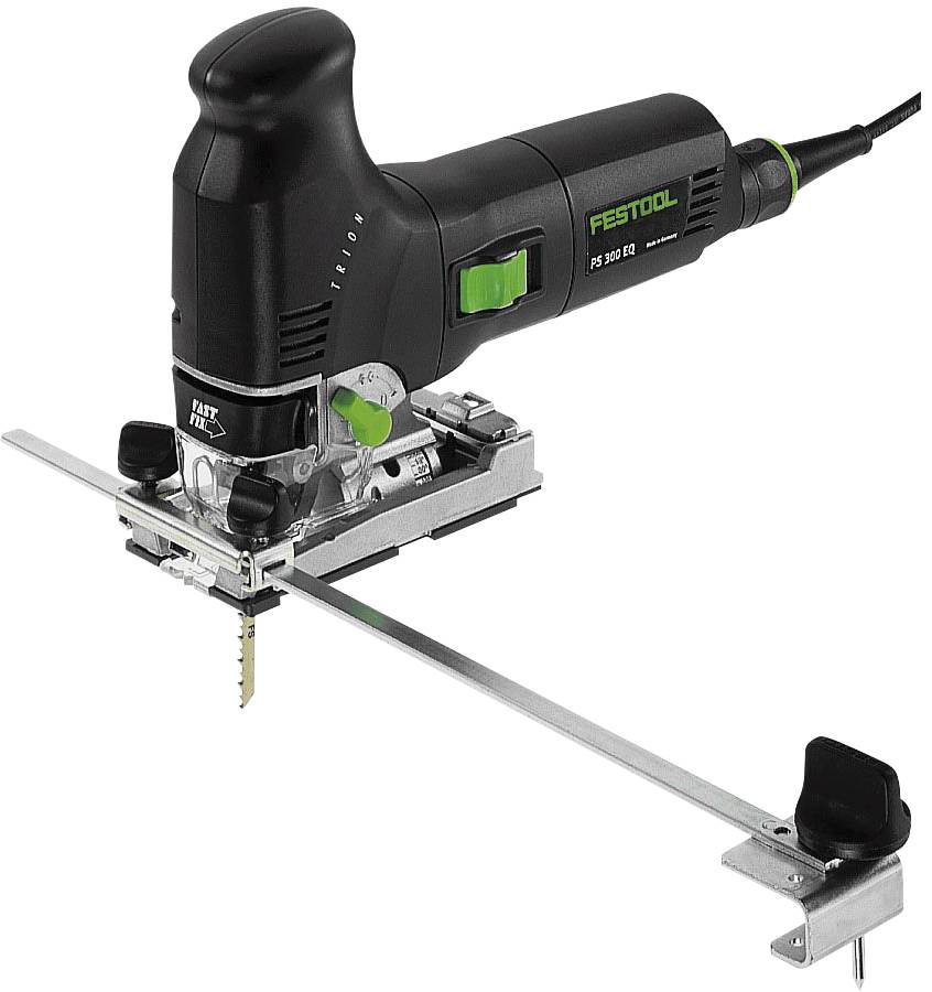 Elektrische Stichsäge mit elegantem schwarz-silbernem Design, ausgestattet mit verstellbarem Führungsschienensystem und ergonomischem Griff für präzises Schneiden.