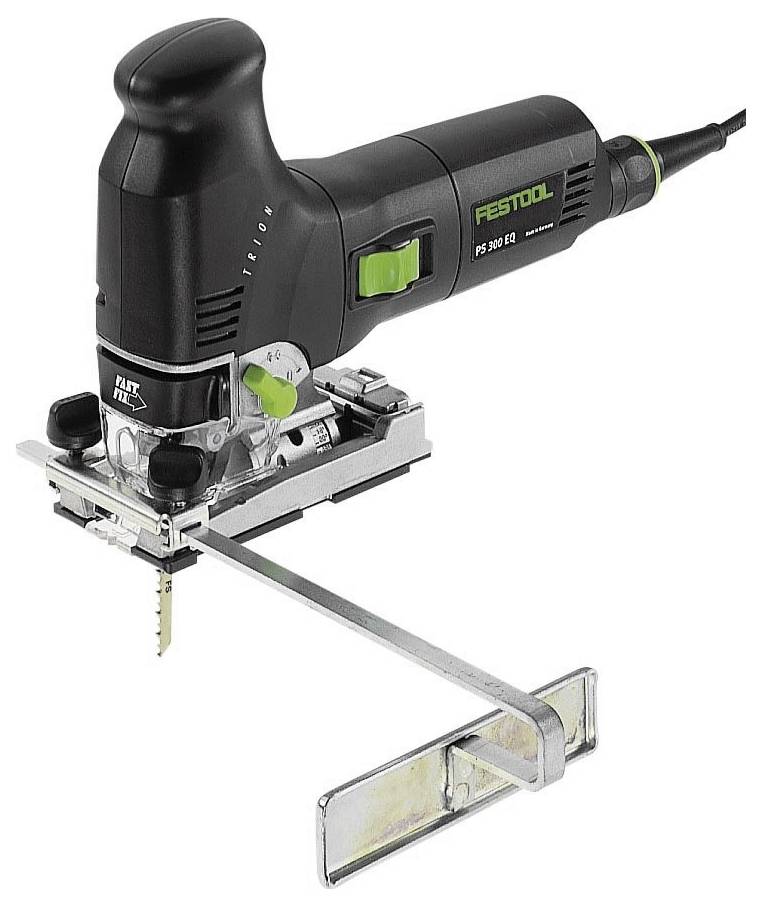Une scie sauteuse électrique noire et argentée portant la marque « Festool », dotée d'une poignée ergonomique et d'un guide ajustable pour une découpe de précision.
